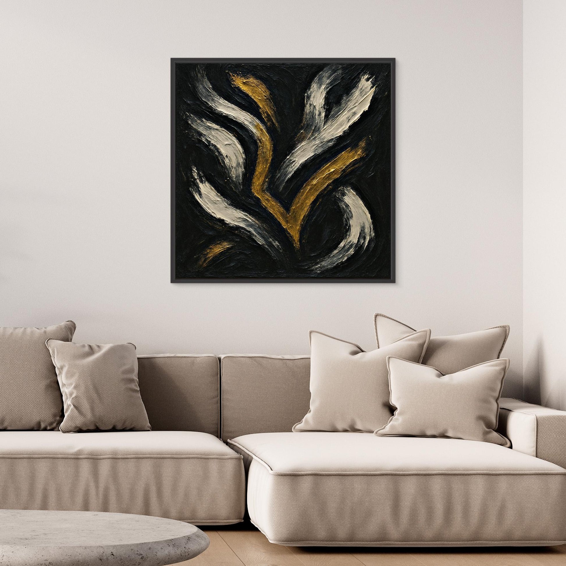 Gold and White Abstract Canvas Wall Art – Flowing Brush Design