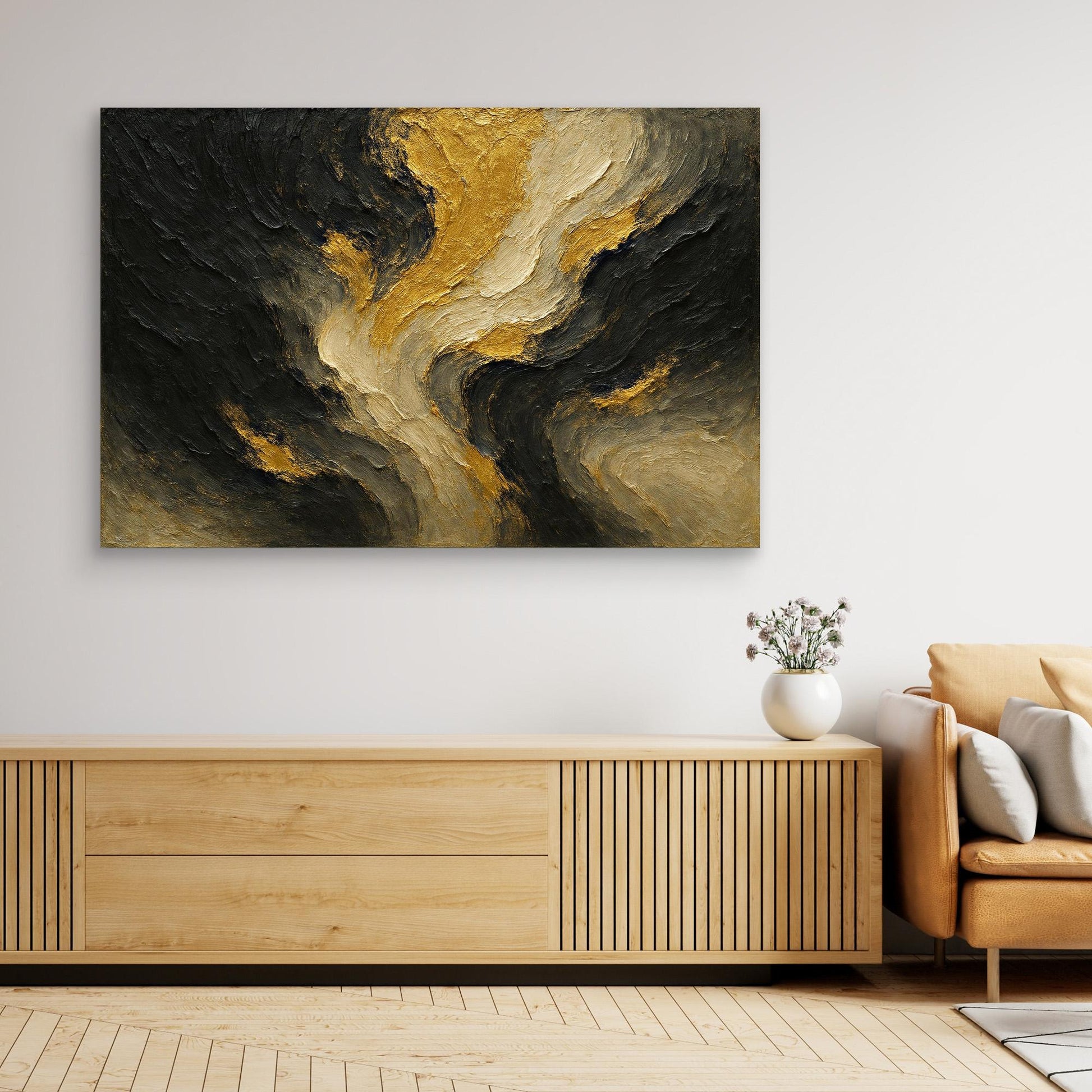 Gold and Black Abstract Canvas Wall Art – Modern Textured Print
