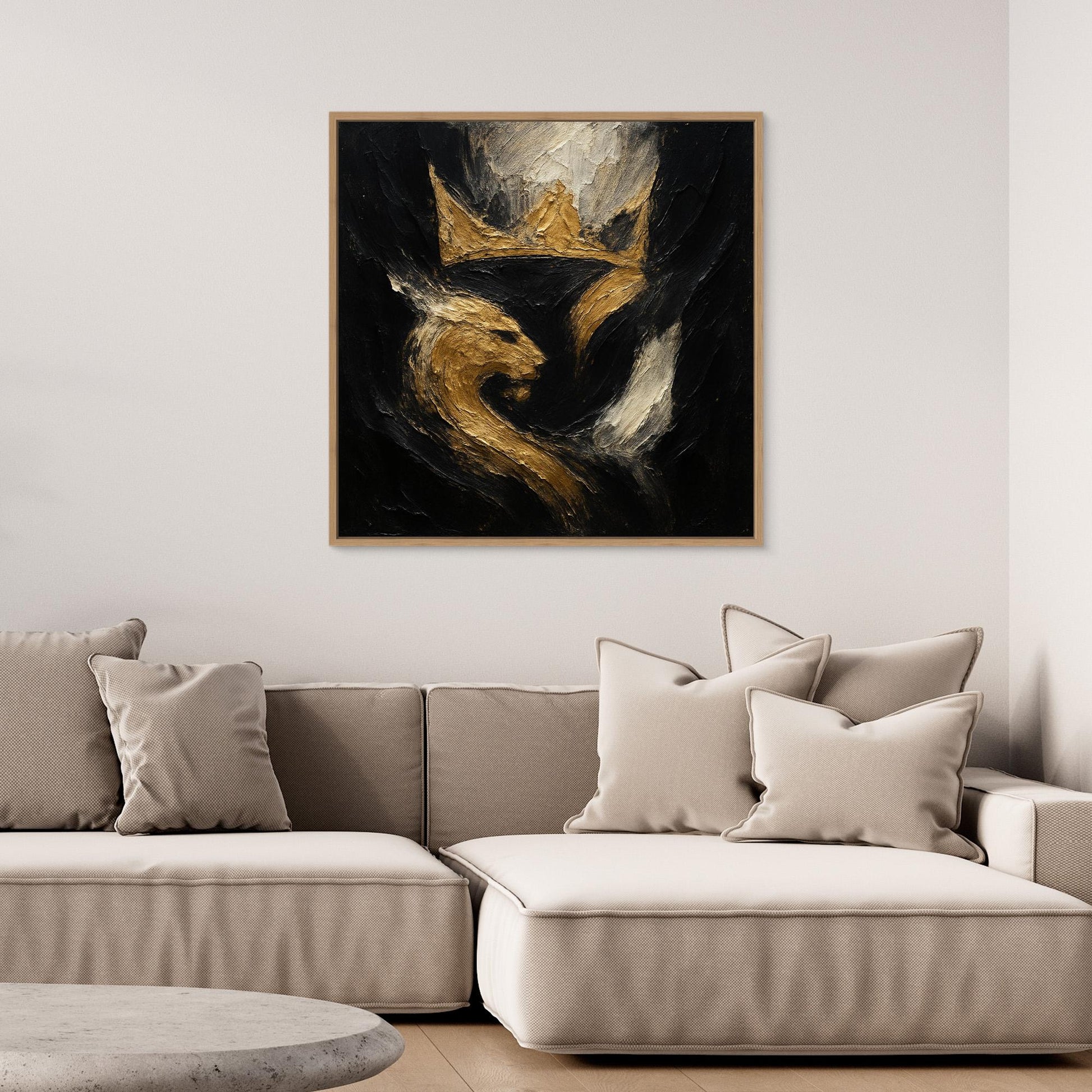 Crowned Lion Canvas Wall Art – Abstract Gold and Black Painting
