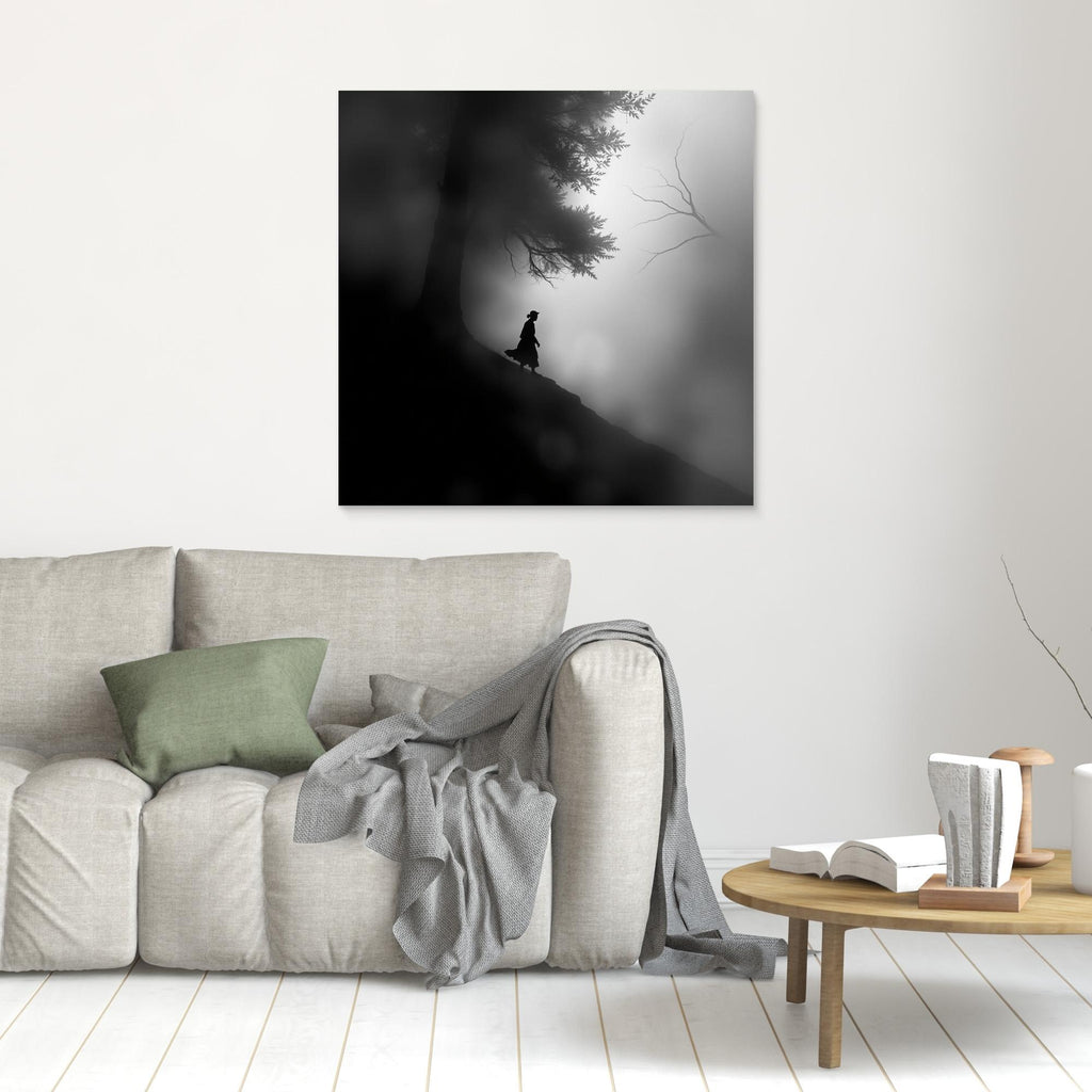 Mystic Walk Through the Fog – Black and White Nature Canvas Wall Art