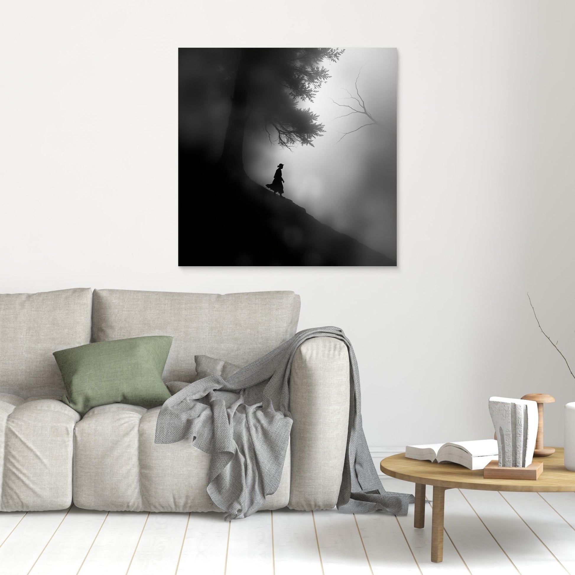Mystic Walk Through the Fog – Black and White Nature Canvas Wall Art