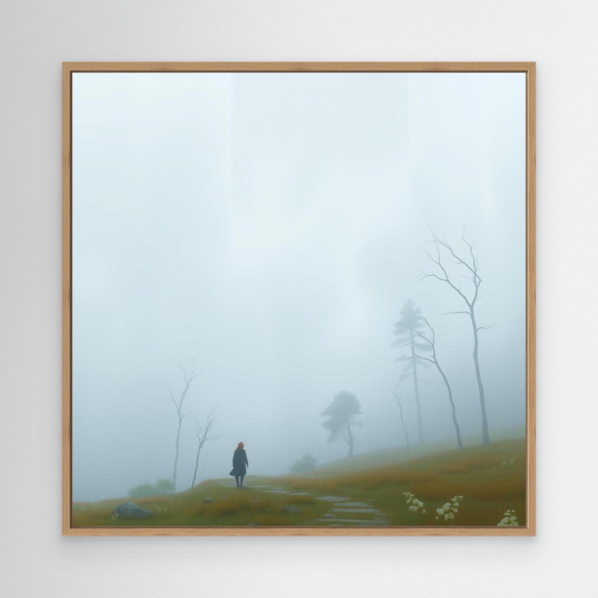 Into the Mist – Minimalist Canvas Wall Art of Woman Walking Through Foggy Landscape