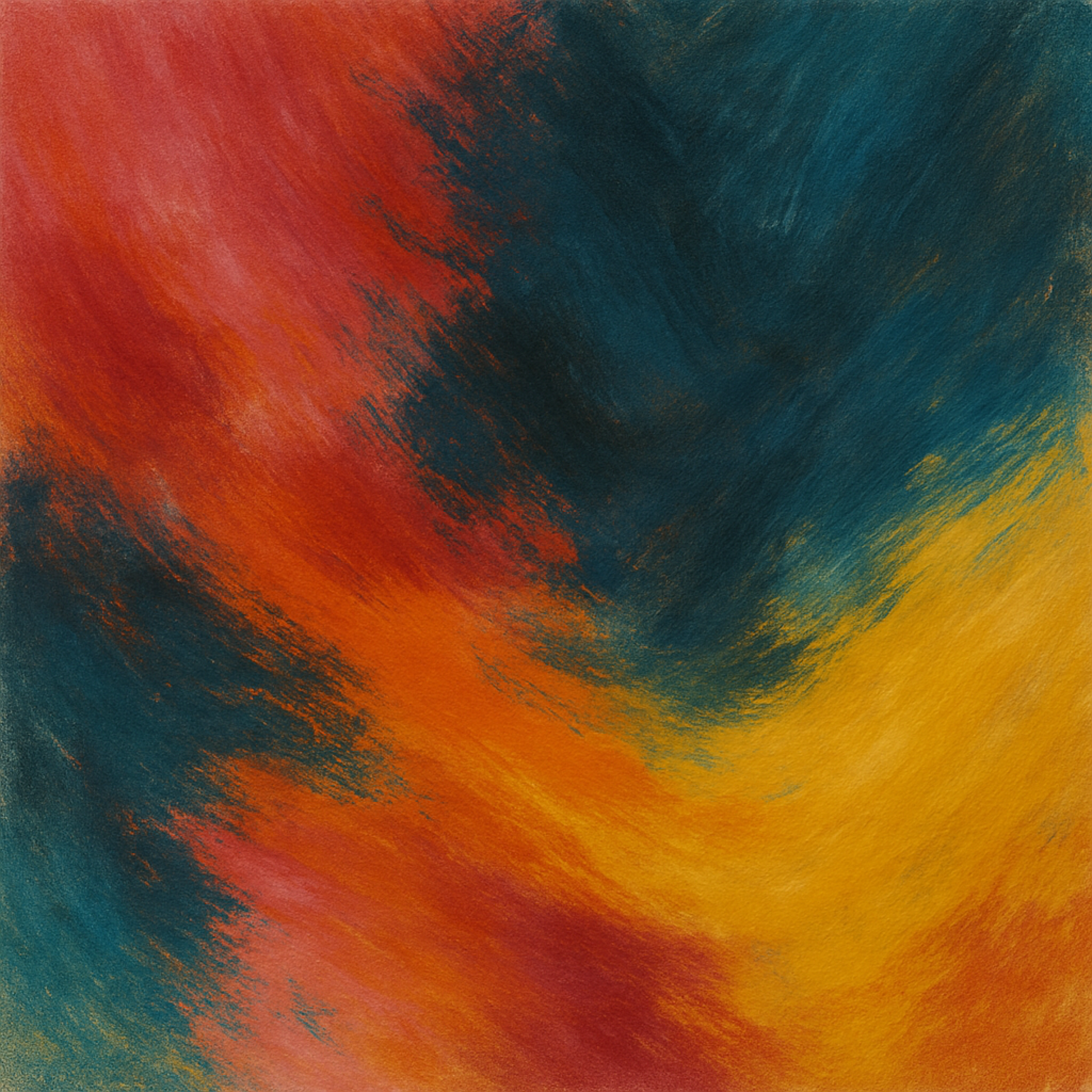 Bold abstract digital artwork with swirling shapes in red, blue, and yellow tones. Energetic firestorm composition in square format. Downloadable PNG wall art.