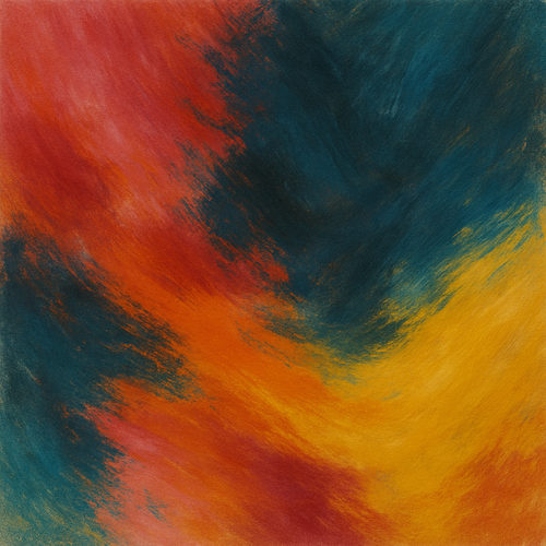 Bold abstract digital artwork with swirling shapes in red, blue, and yellow tones. Energetic firestorm composition in square format. Downloadable PNG wall art.