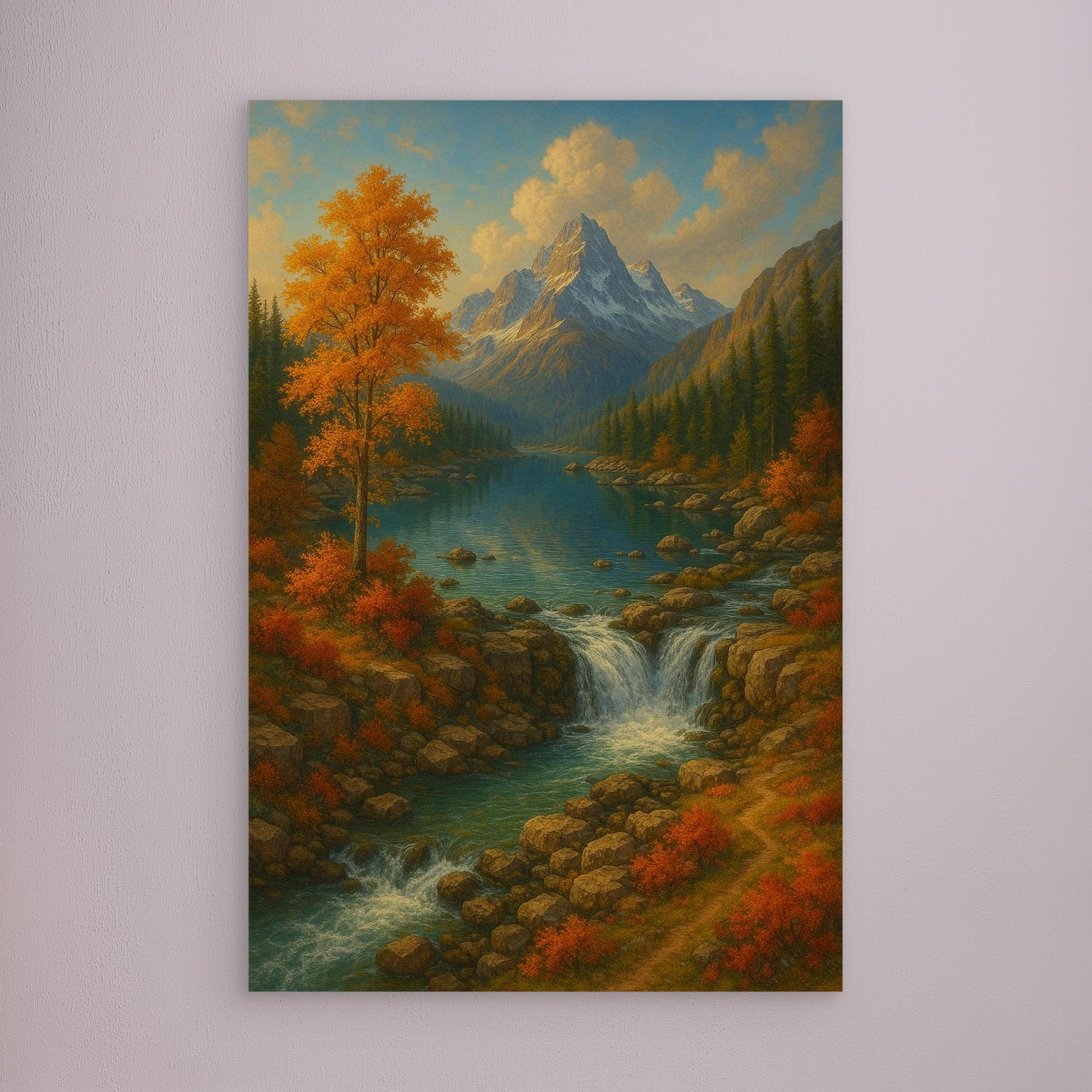 Mountain Waterfall Canvas Wall Art – Autumn Nature Landscape Print