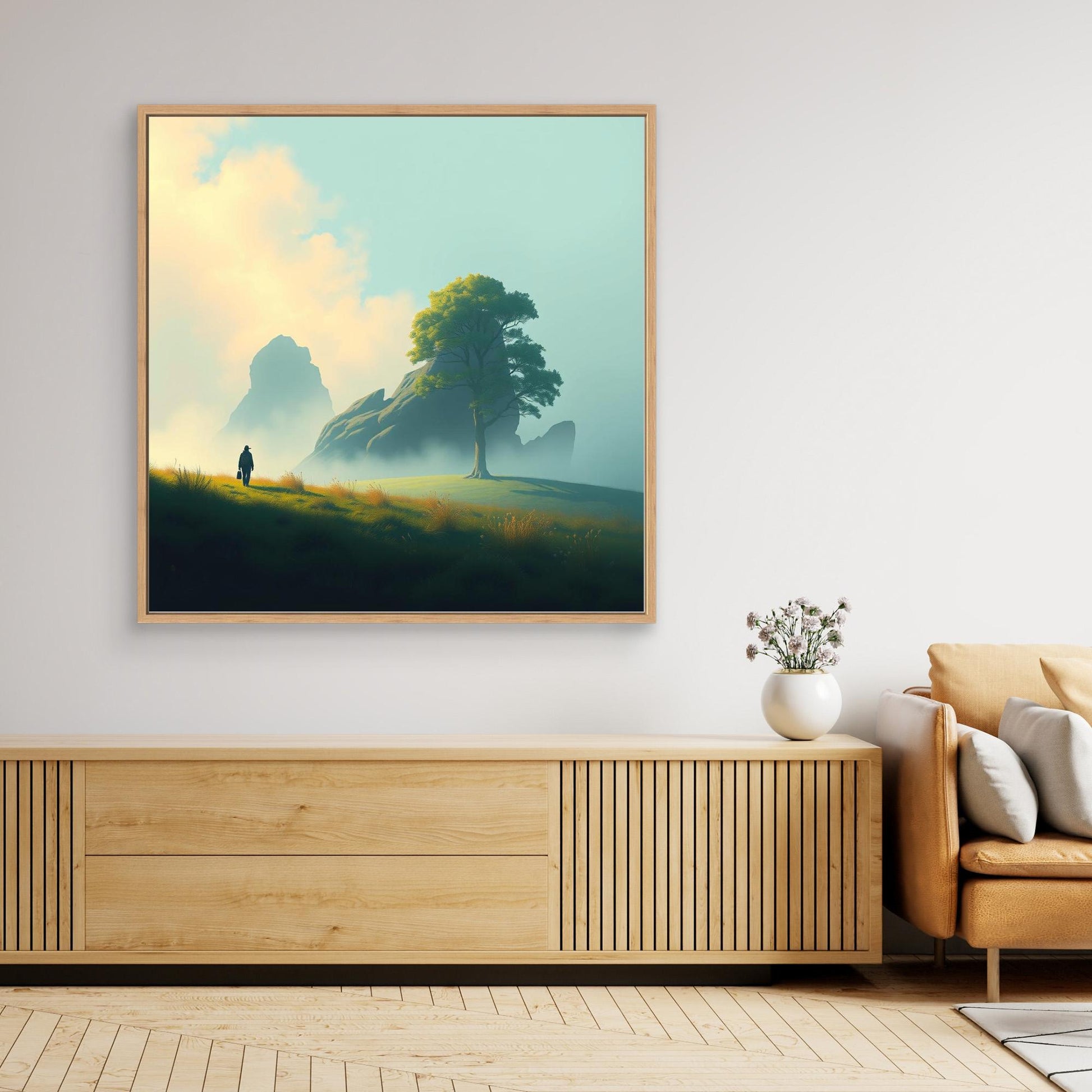 Lone Journey – Minimalist Nature Canvas Print | Serene Landscape Wall Art with Tree and Mountains