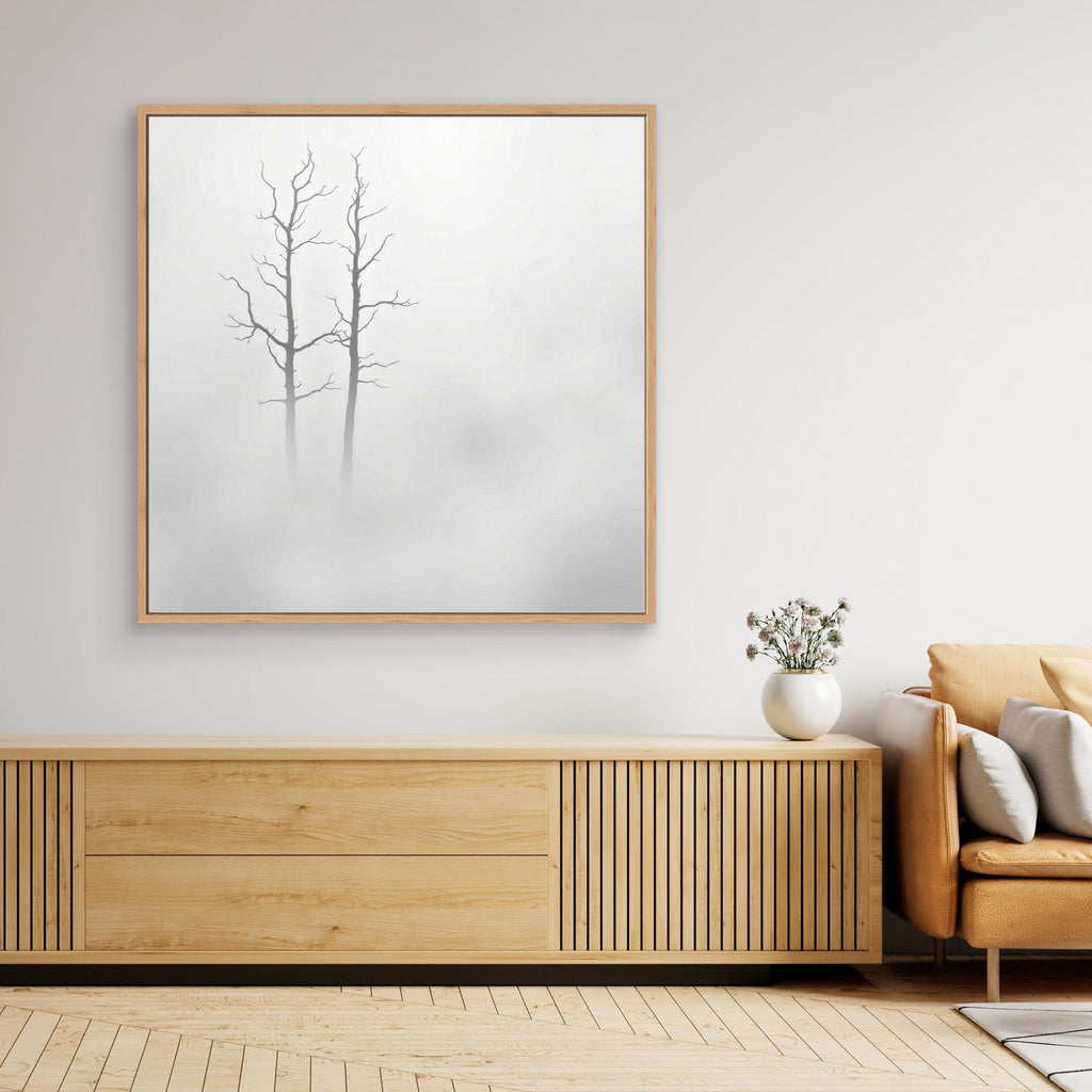 Echoes in the Fog – Minimalist Black and White Nature Canvas Art | Misty Trees Wall Decor