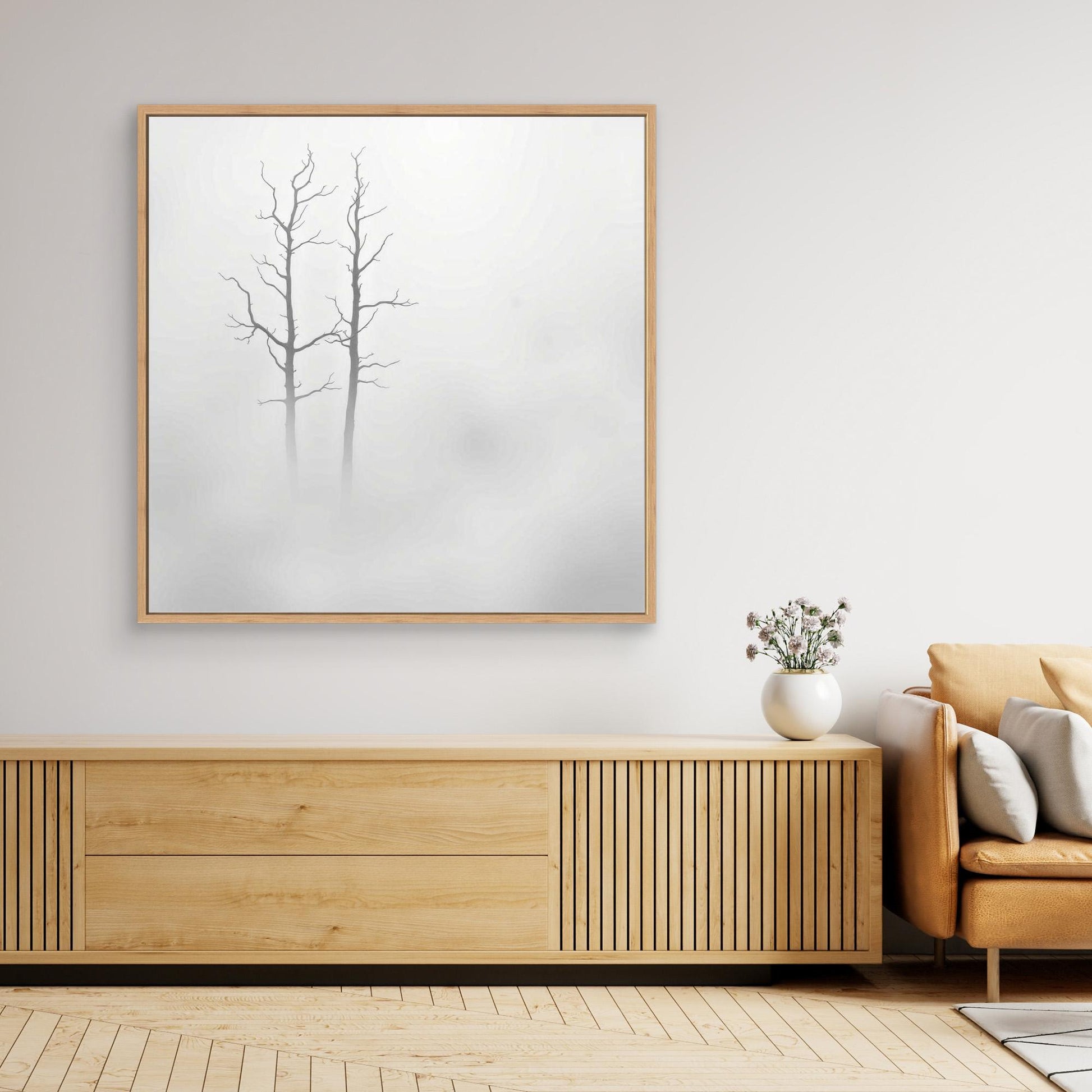 Echoes in the Fog – Minimalist Black and White Nature Canvas Art | Misty Trees Wall Decor