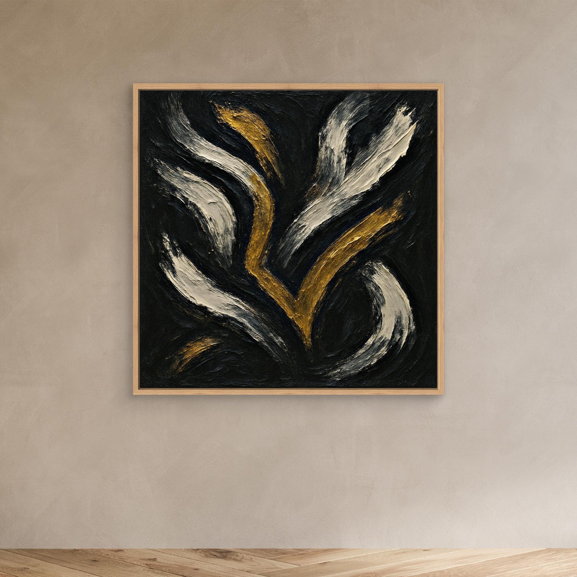 Gold and White Abstract Canvas Wall Art – Flowing Brush Design