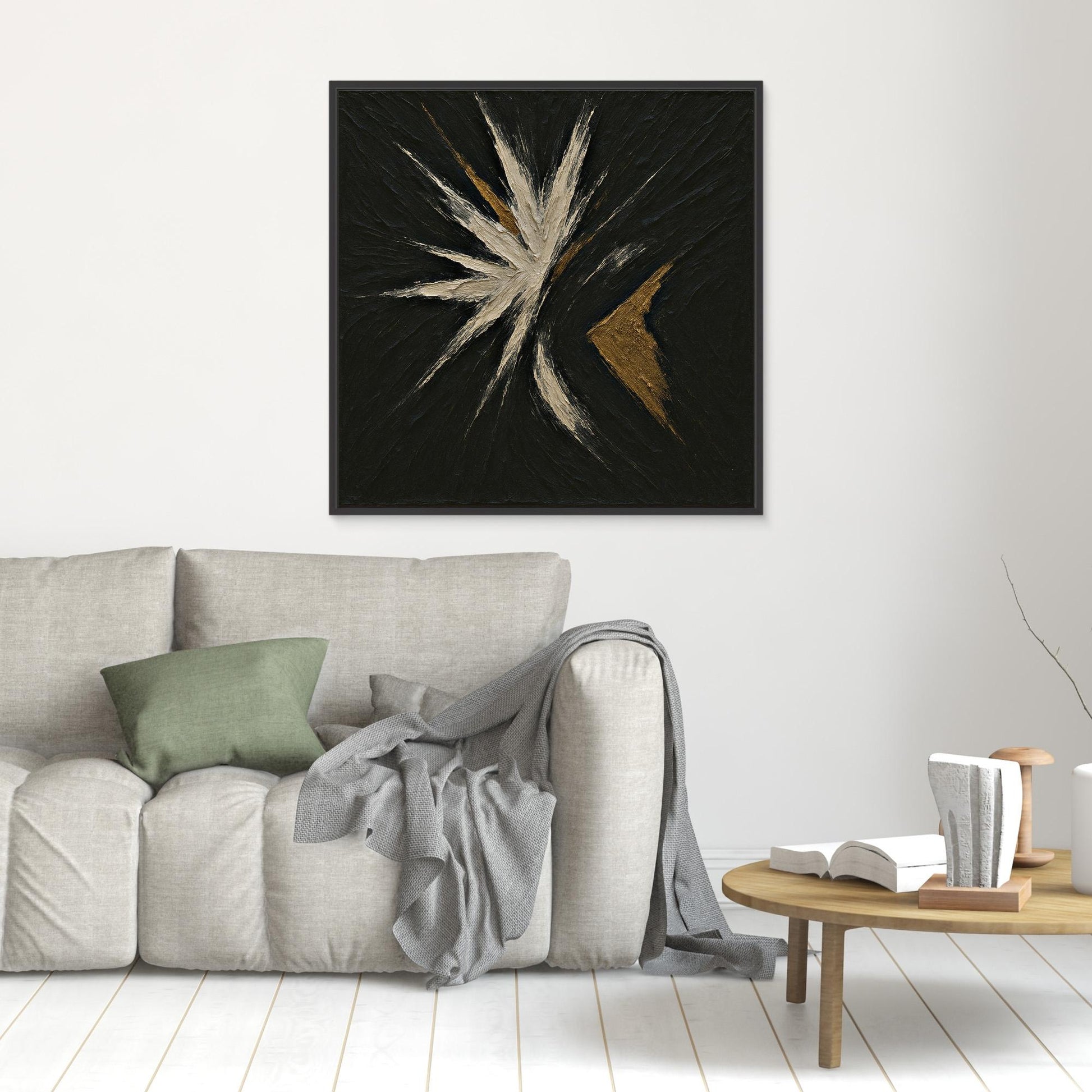 Abstract Starburst Canvas Wall Art – Black, Gold & Ivory