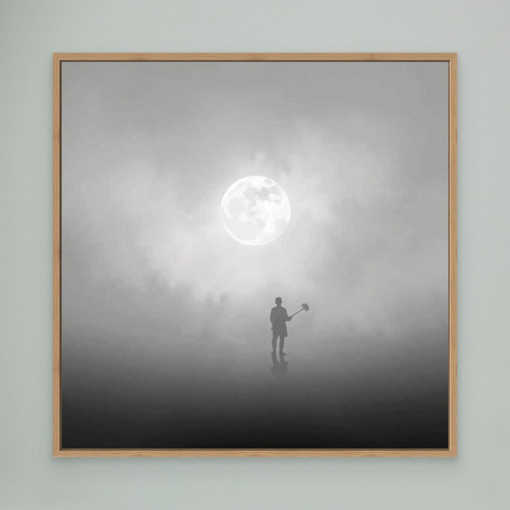 The Digger of Dreams – Minimalist Misty Landscape Art with Full Moon & Shovel Silhouette”