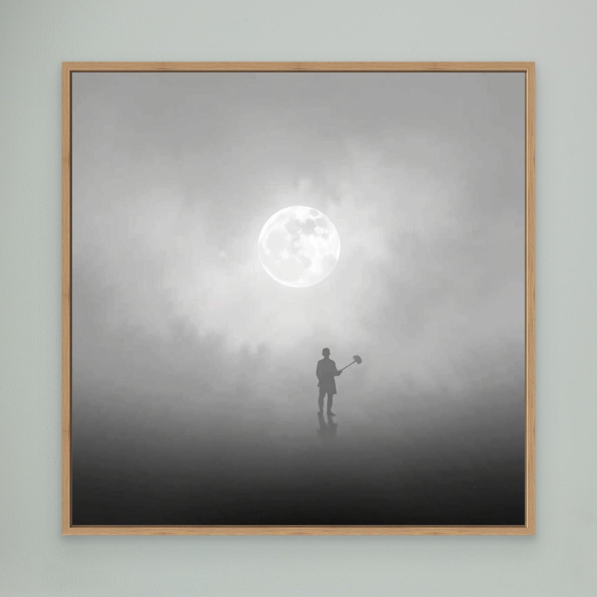 The Digger of Dreams – Minimalist Misty Landscape Art with Full Moon & Shovel Silhouette”