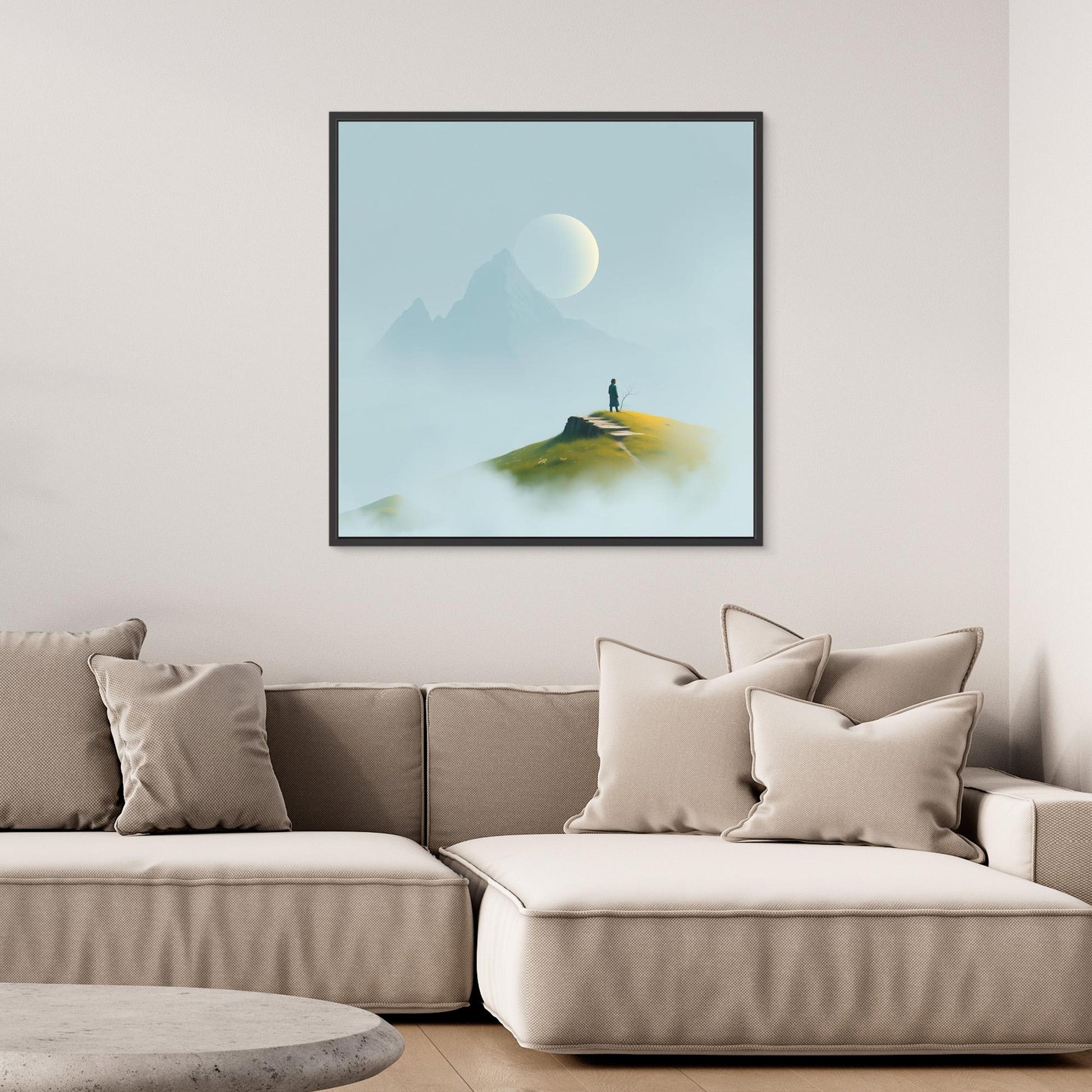 Solitude in the Mist – Minimalist Mountain Landscape Canvas Wall Art