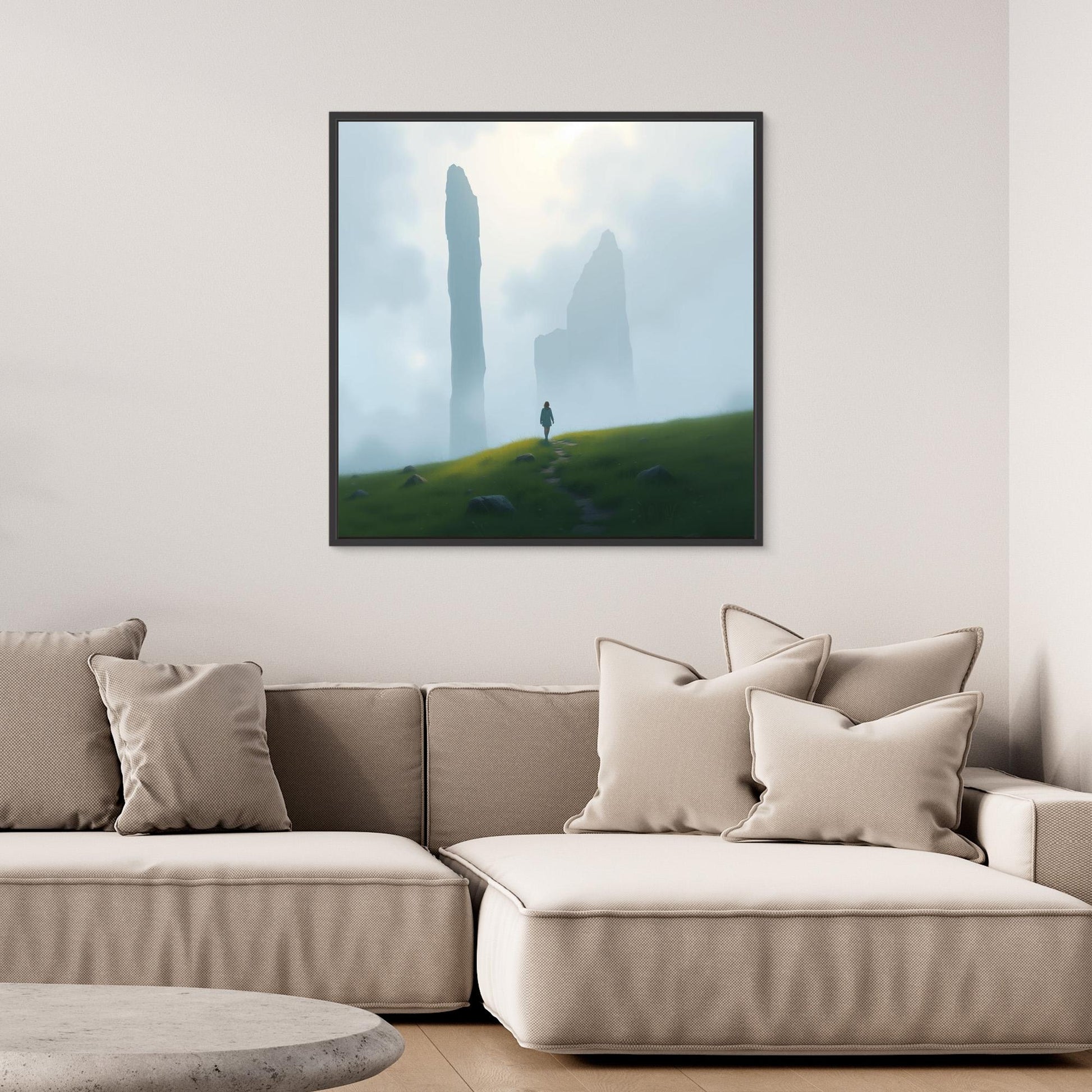 Wanderer of the Mist – Minimalist Nature Canvas Wall Art | Foggy Mountains & Lone Explorer Print