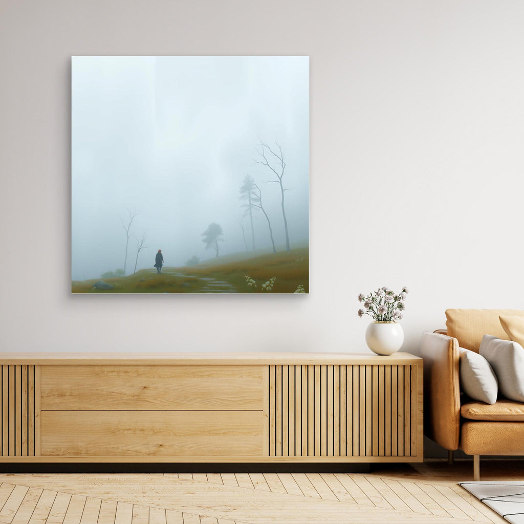 Into the Mist – Minimalist Canvas Wall Art of Woman Walking Through Foggy Landscape