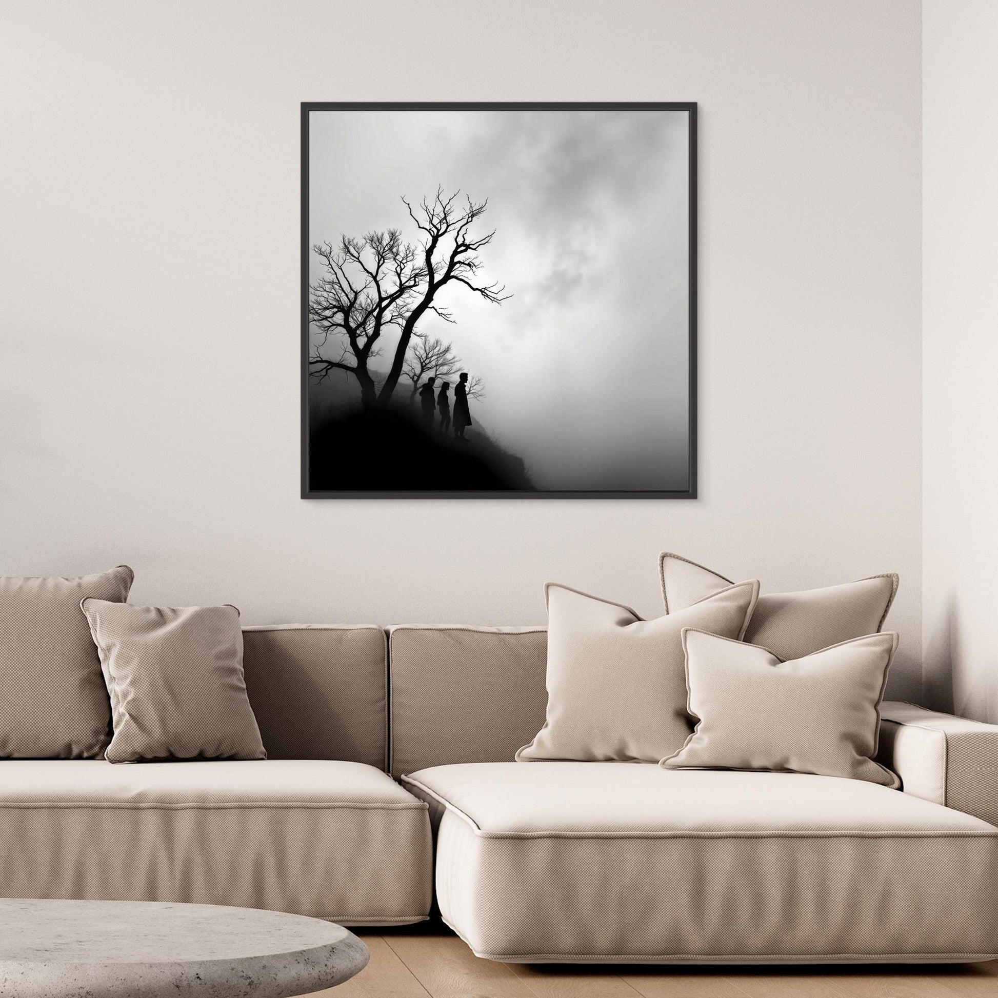 Edge of Silence – Minimalist Black & White Canvas Art | Surreal Fog Landscape with Silhouettes