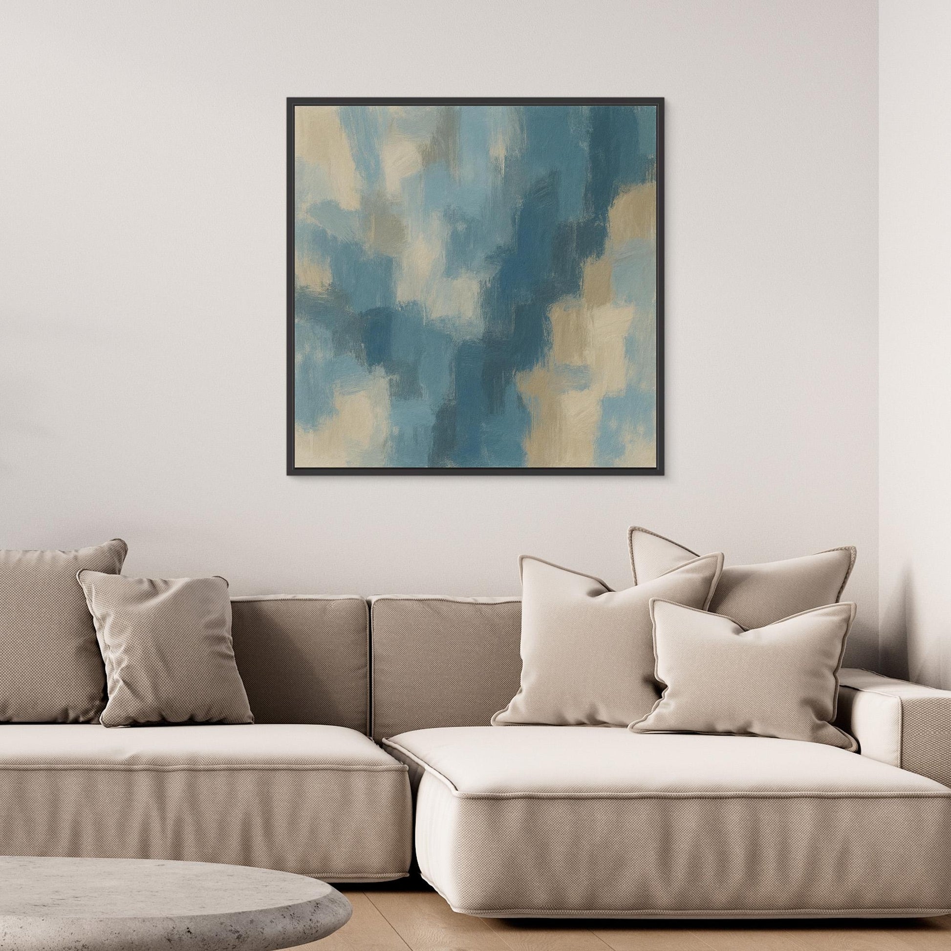 Ocean Drift – Modern Blue and Beige Abstract Canvas Print