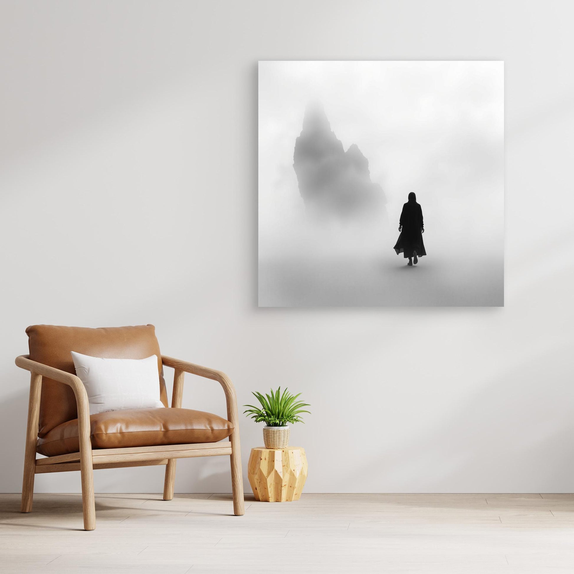 Into the Silence – Minimalist Black and White Canvas Art of Solitary Figure in Foggy Landscape