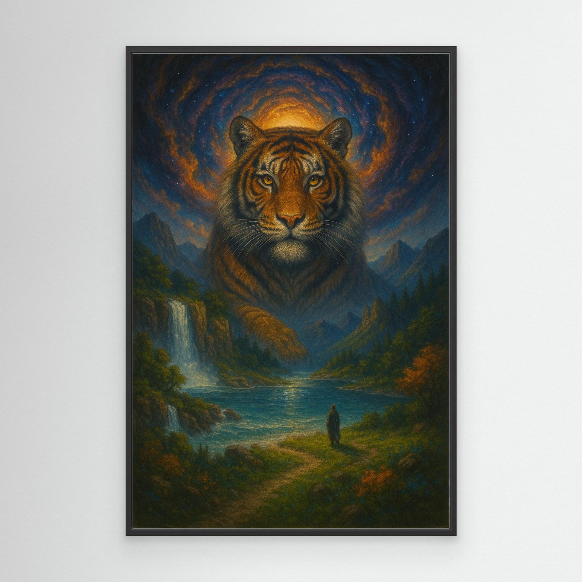 Mystic Tiger Spirit | Fantasy Canvas Wall Art of Majestic Jungle and Waterfall Landscape