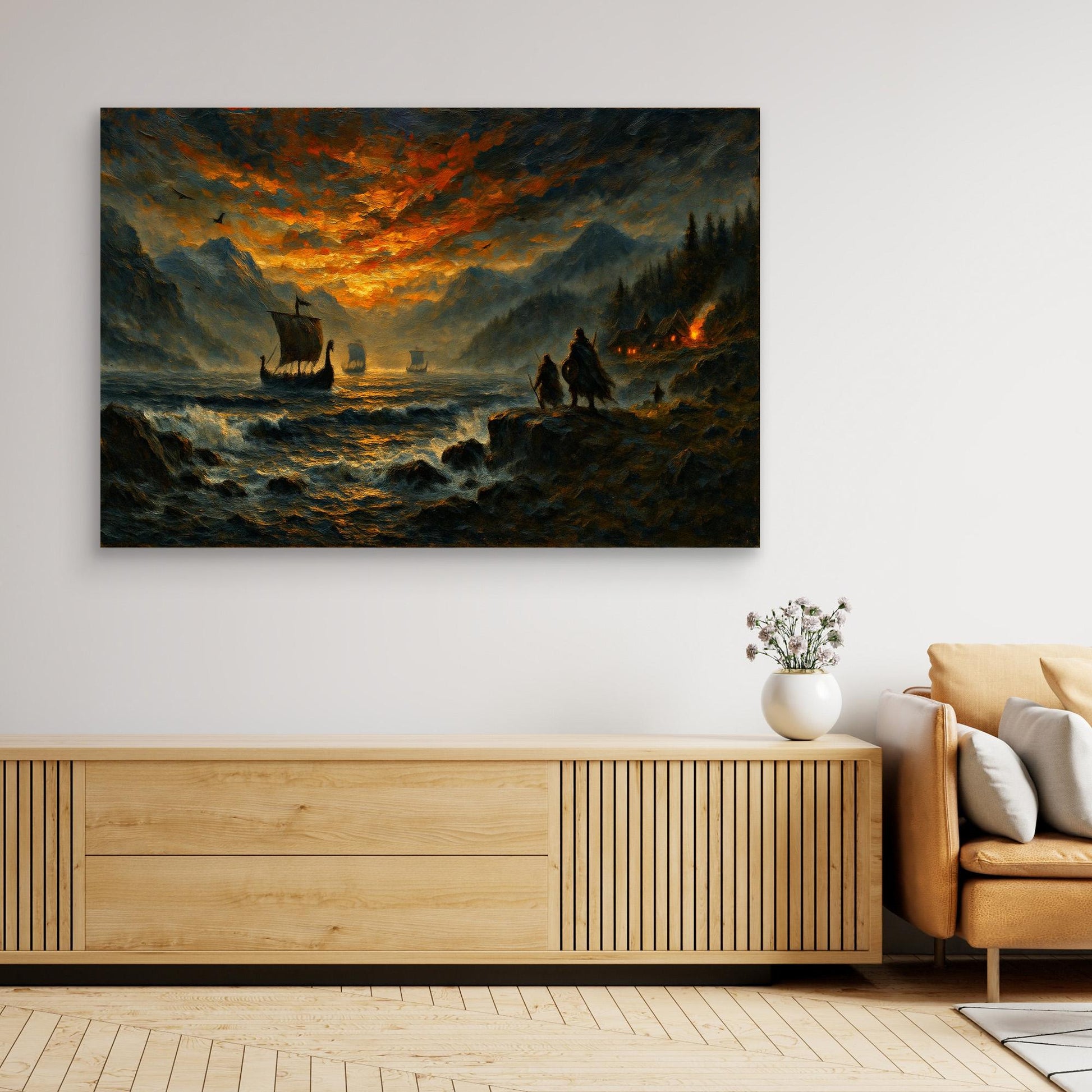 Viking Longship Canvas Wall Art – Dramatic Nordic Sunset Print
