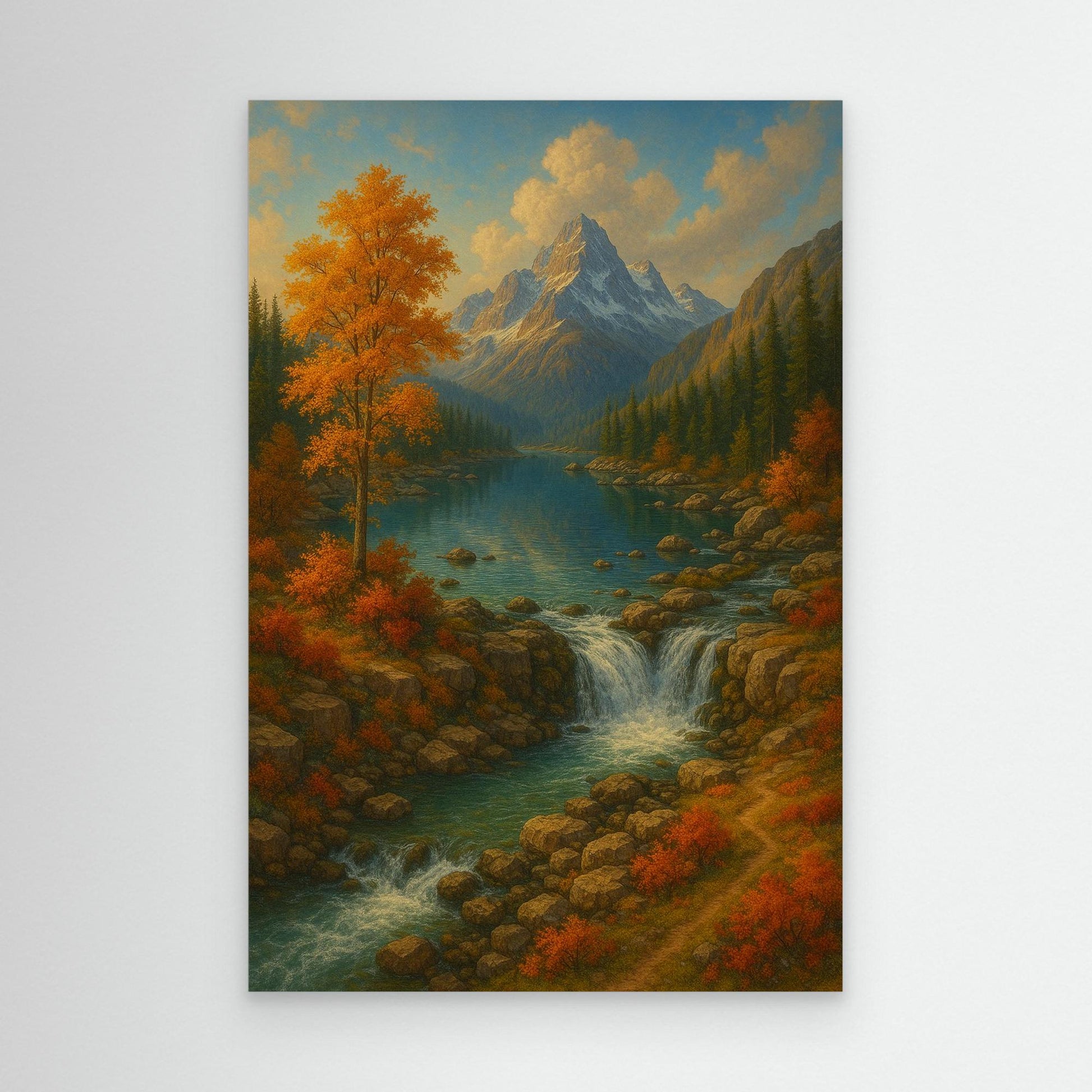 Mountain Waterfall Canvas Wall Art – Autumn Nature Landscape Print