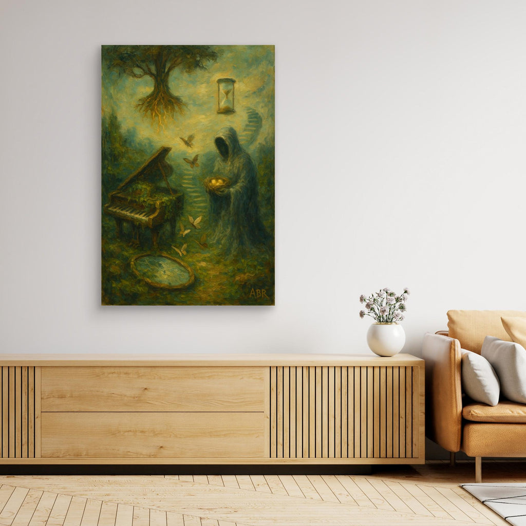 Surreal Canvas Wall Art with Hooded Figure and Piano