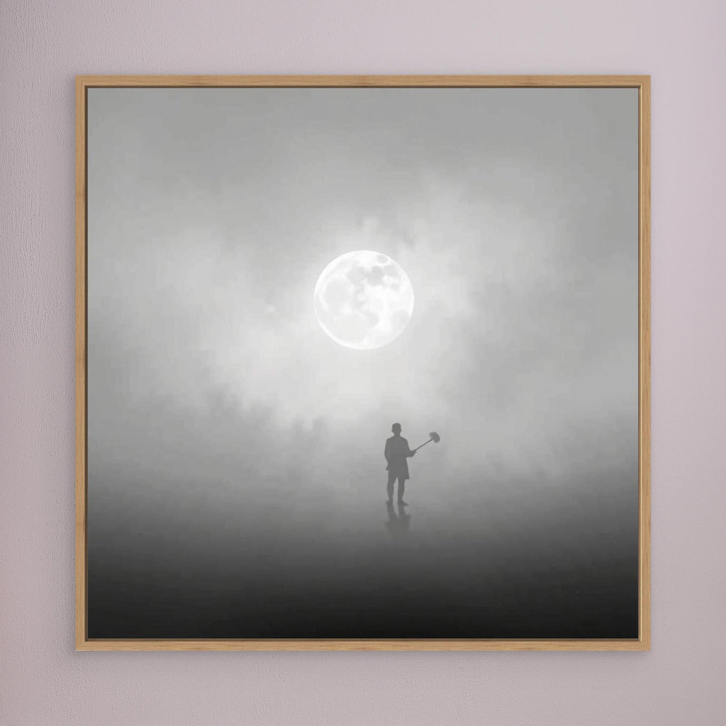 The Digger of Dreams – Minimalist Misty Landscape Art with Full Moon & Shovel Silhouette”