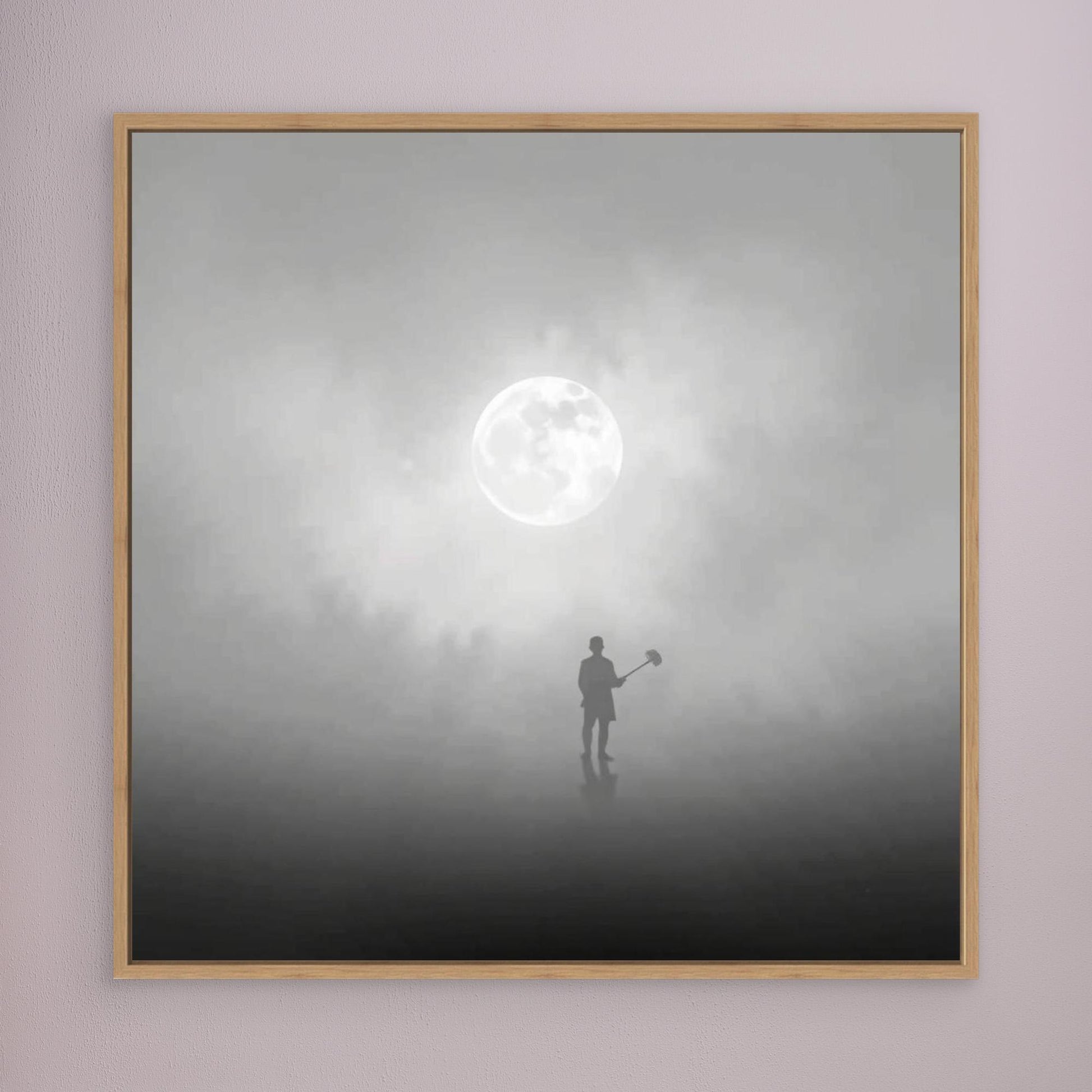 The Digger of Dreams – Minimalist Misty Landscape Art with Full Moon & Shovel Silhouette”