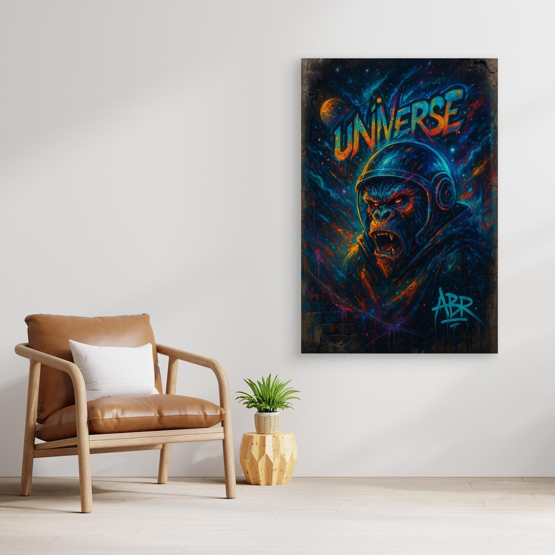Astronaut Gorilla Canvas Wall Art – Urban Neon Space Graffiti