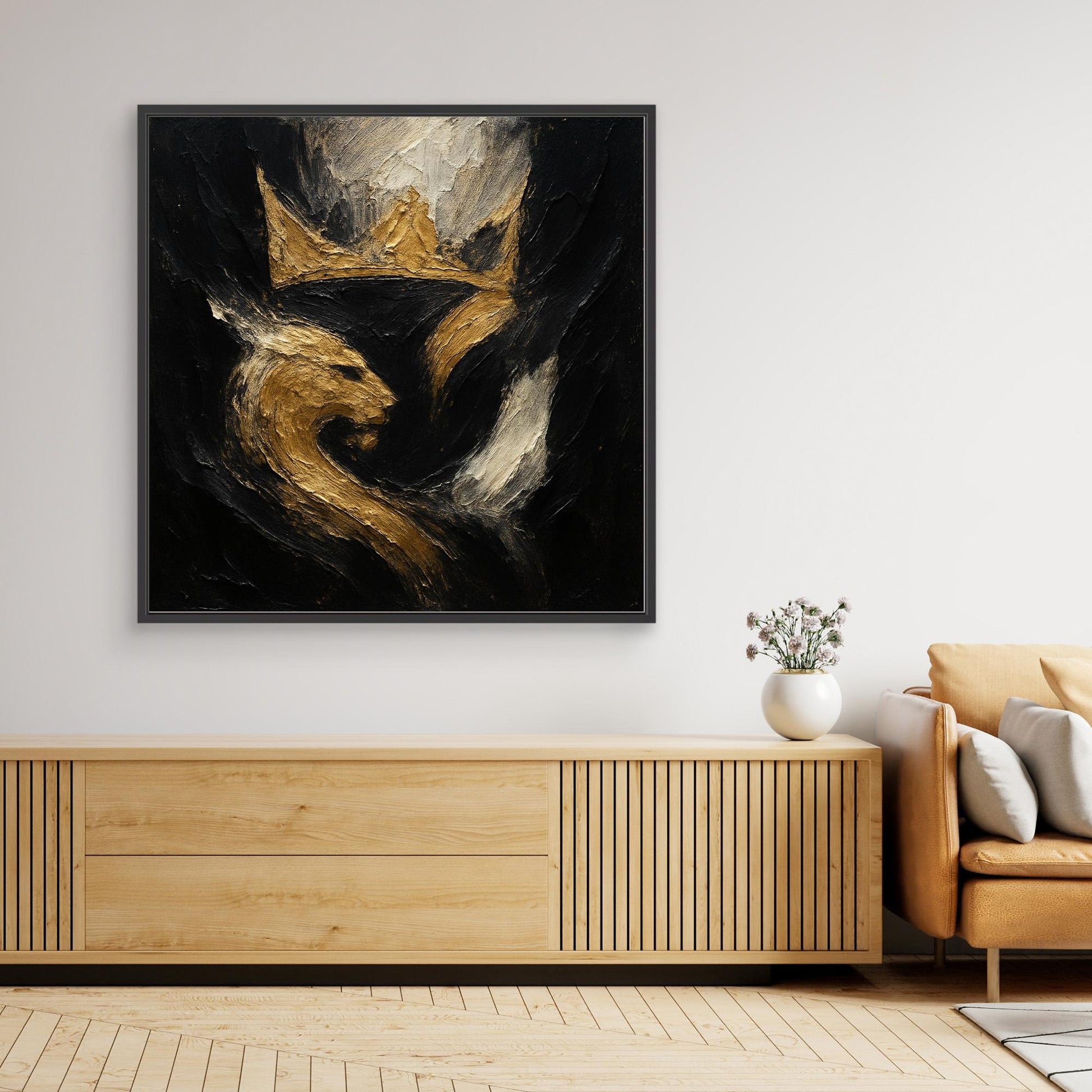 Crowned Lion Canvas Wall Art – Abstract Gold and Black Painting