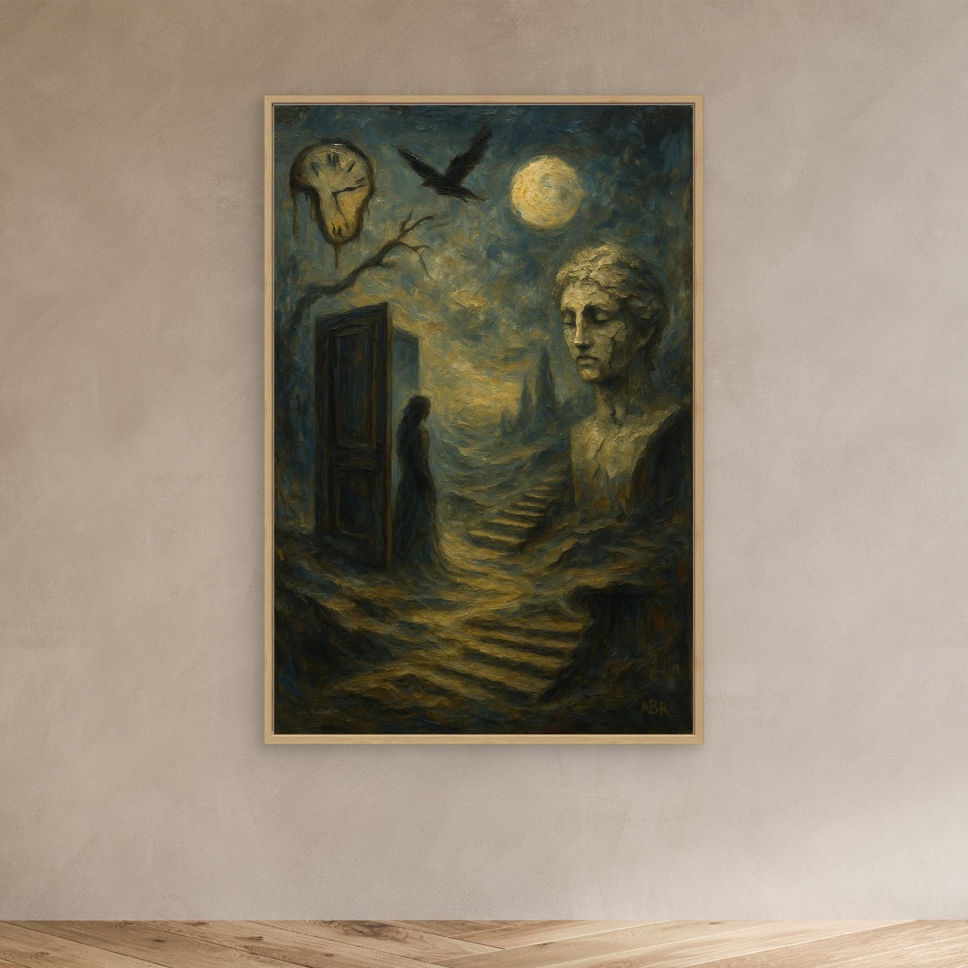 Surreal Dreamscape Canvas Wall Art – Moon and Statue