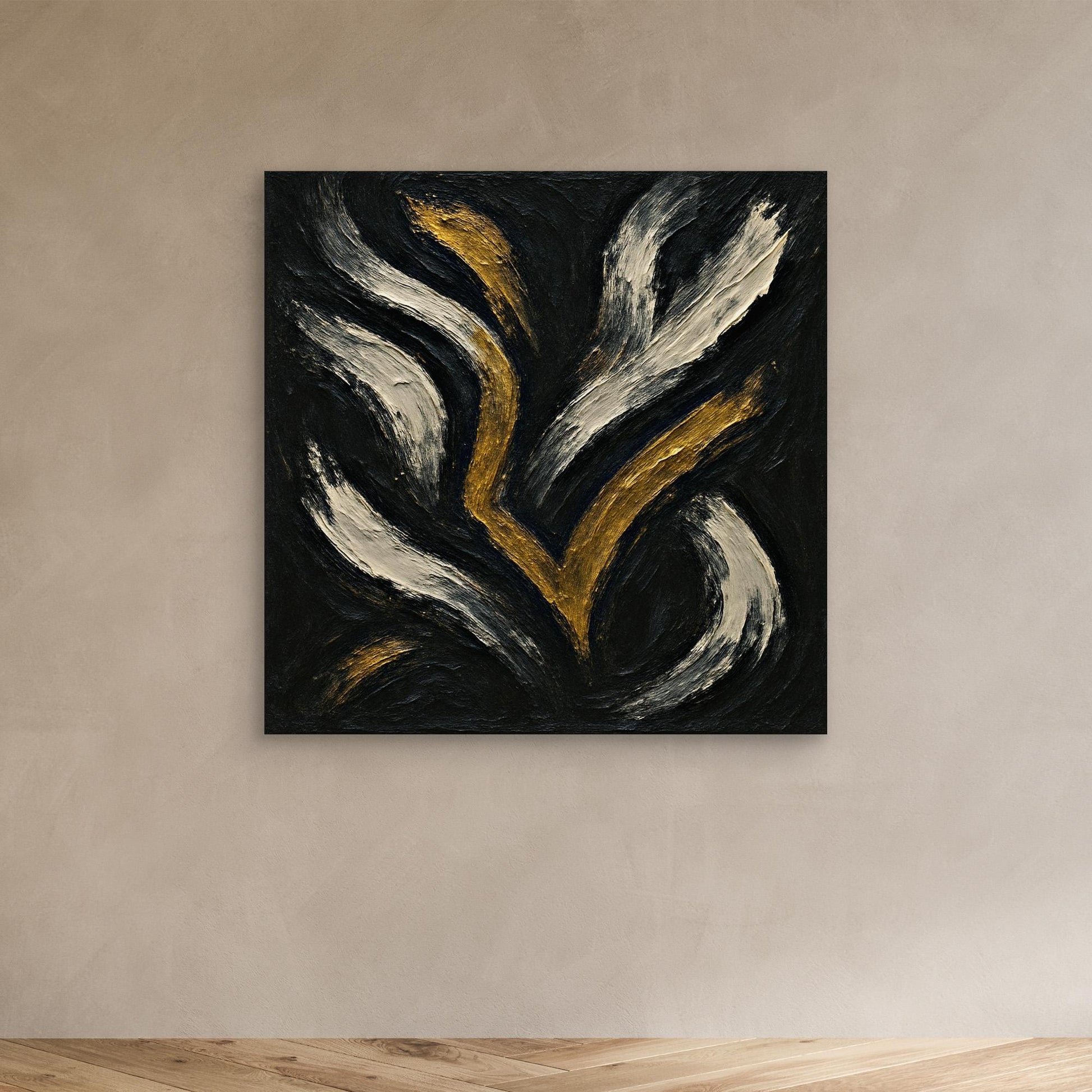 Gold and White Abstract Canvas Wall Art – Flowing Brush Design