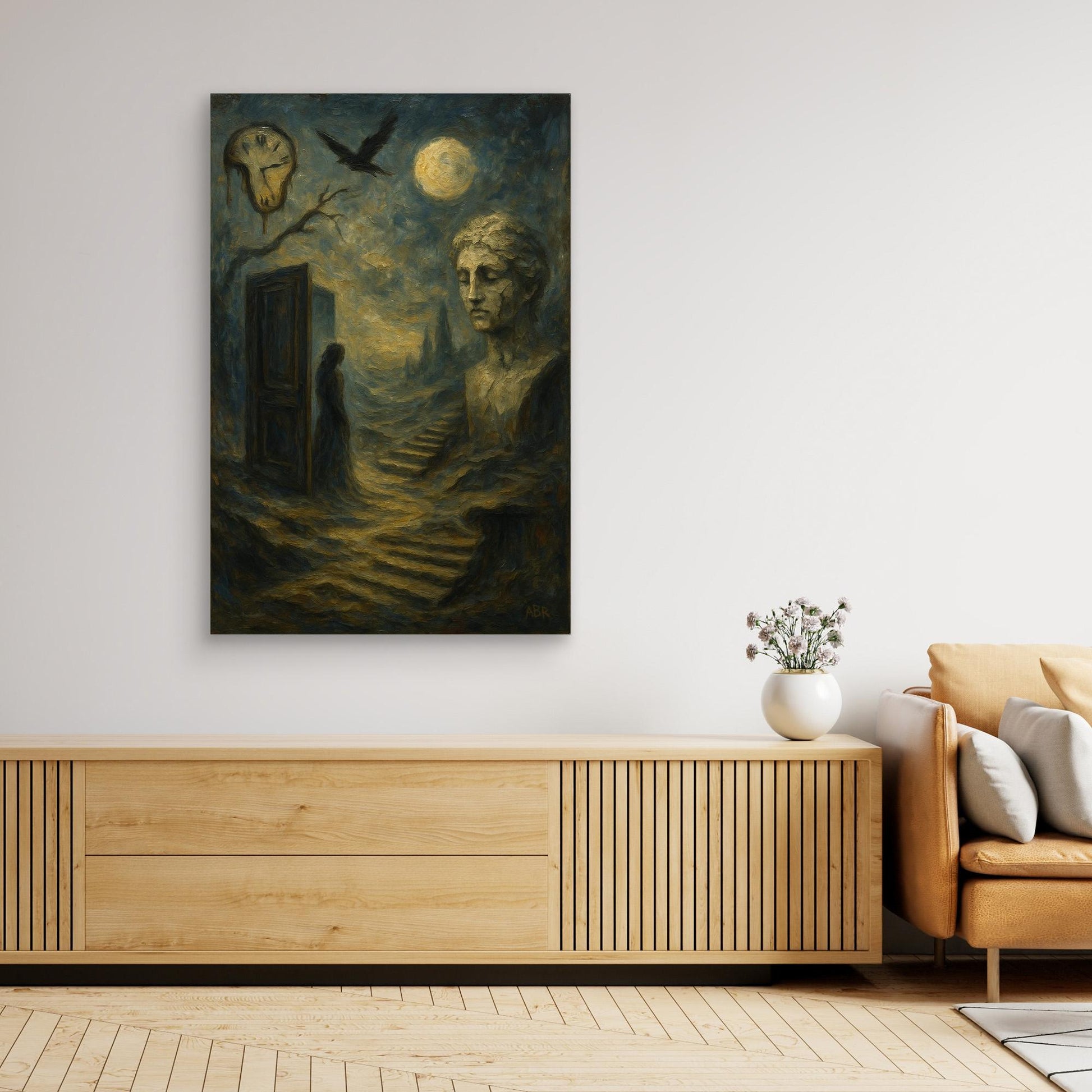 Surreal Dreamscape Canvas Wall Art – Moon and Statue
