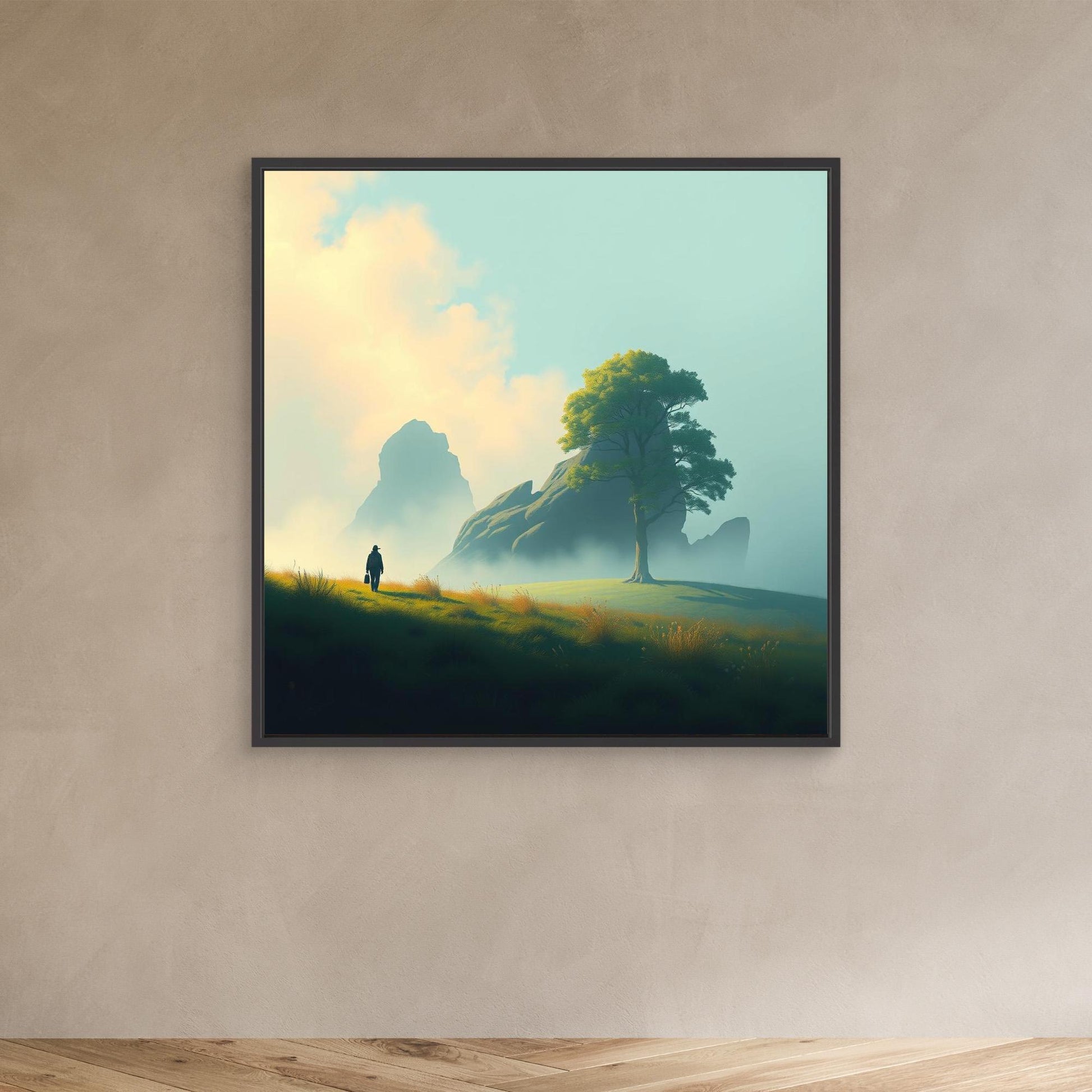 Lone Journey – Minimalist Nature Canvas Print | Serene Landscape Wall Art with Tree and Mountains