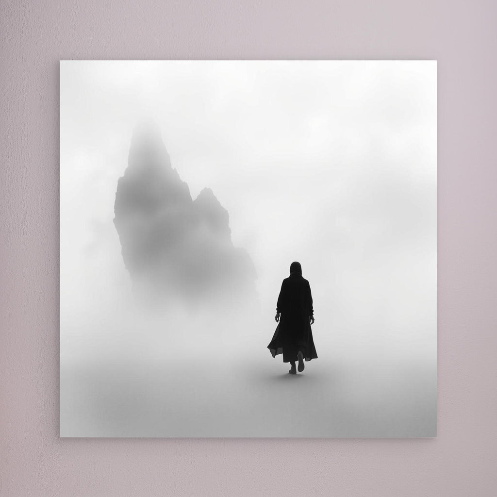 Into the Silence – Minimalist Black and White Canvas Art of Solitary Figure in Foggy Landscape