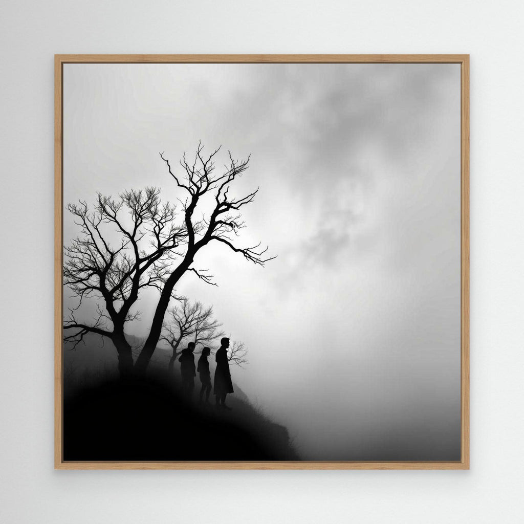 Edge of Silence – Minimalist Black & White Canvas Art | Surreal Fog Landscape with Silhouettes