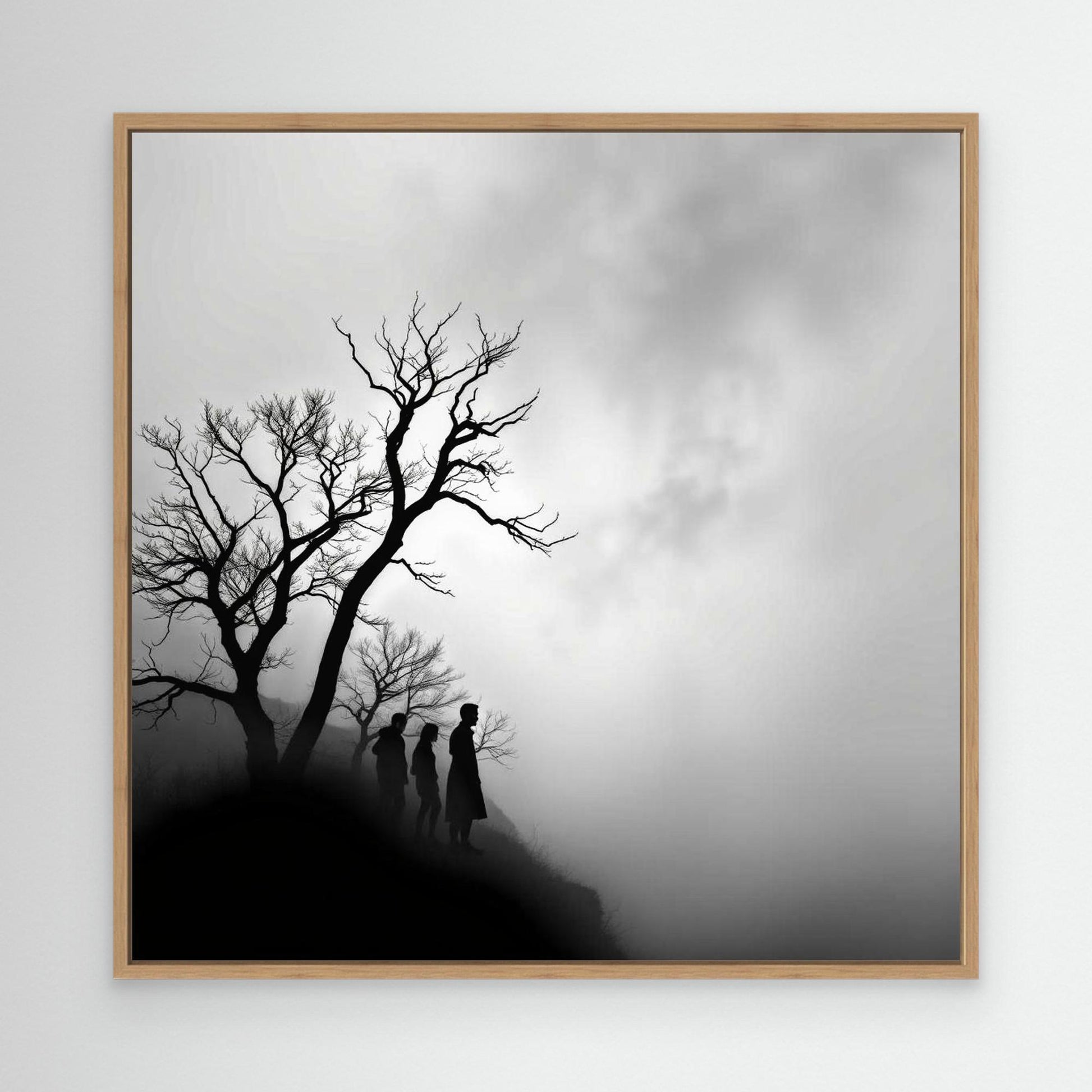 Edge of Silence – Minimalist Black & White Canvas Art | Surreal Fog Landscape with Silhouettes