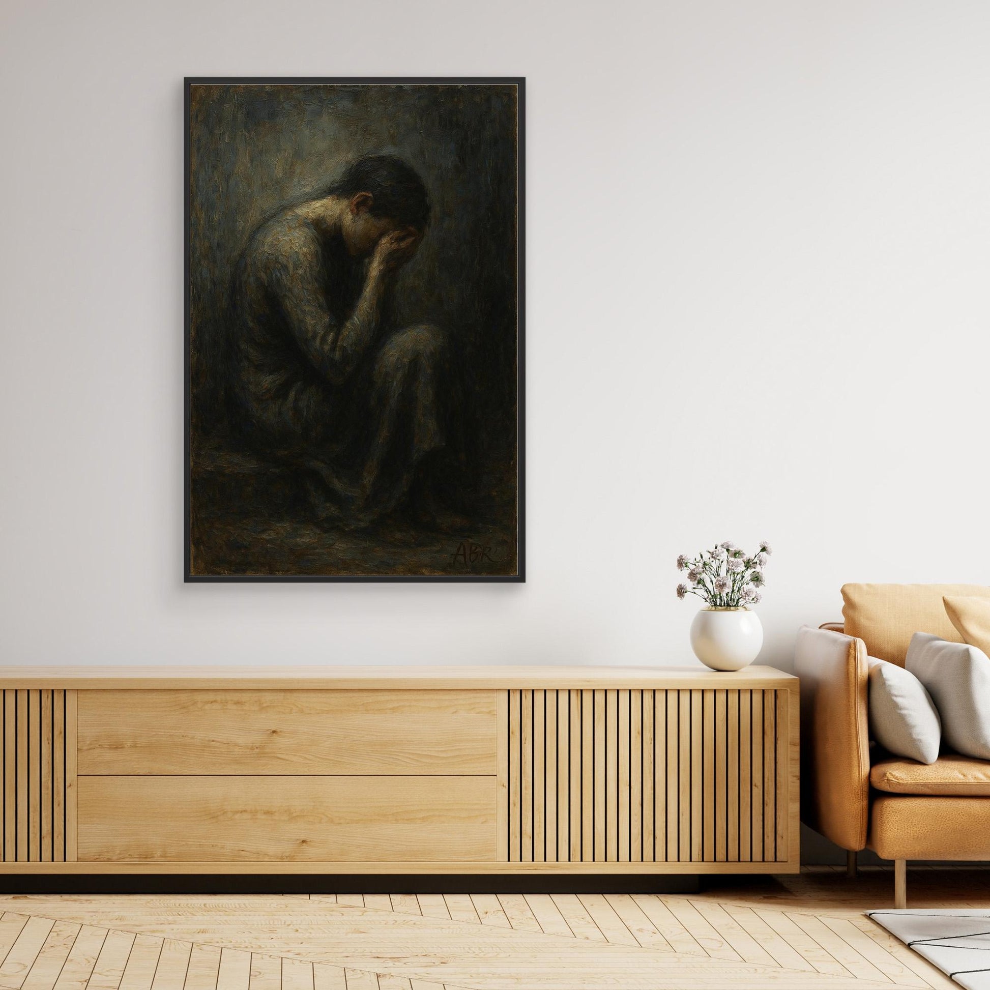 Dark Figurative Canvas Wall Art – Grief in Silence