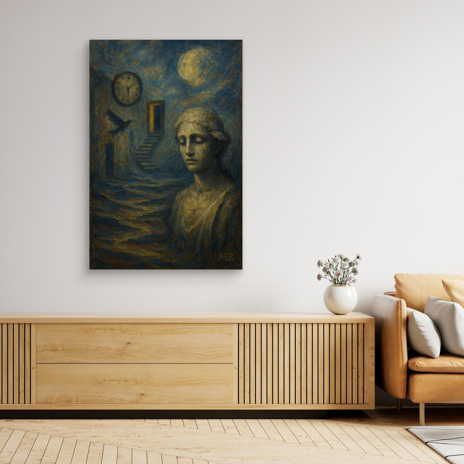 Surreal blue and gold abstract canvas wall art with cracked statue and moonlit staircase.