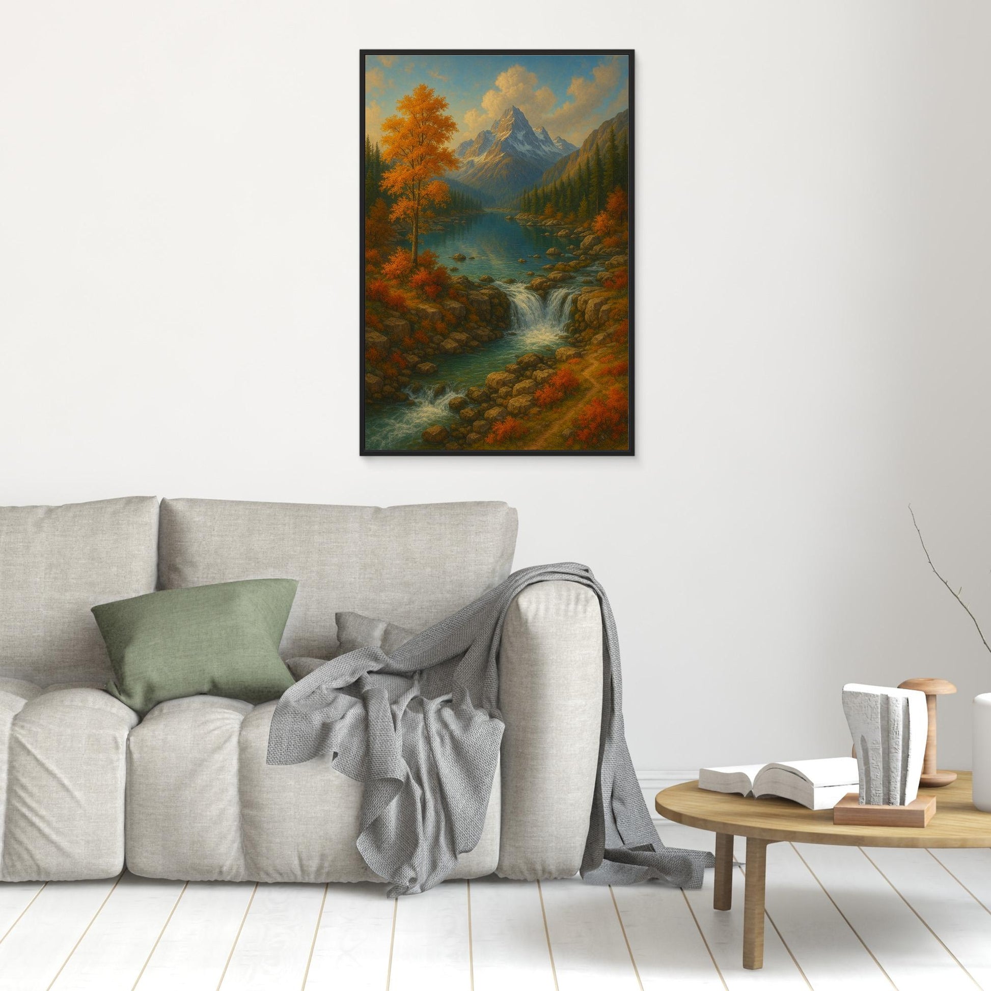 Mountain Waterfall Canvas Wall Art – Autumn Nature Landscape Print