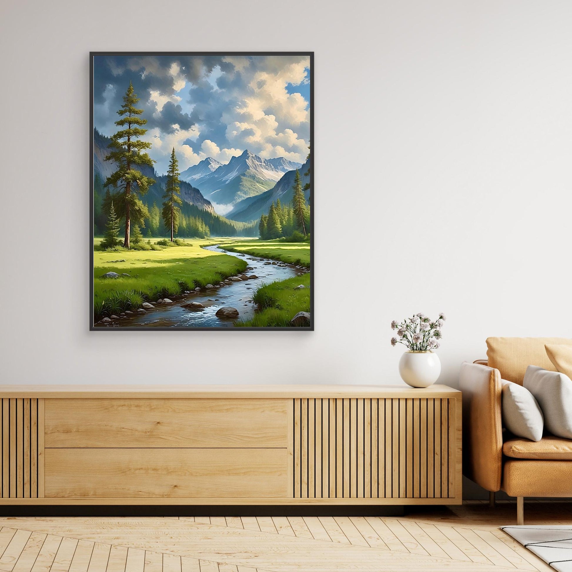 Mountain Valley Canvas Wall Art – Scenic River, Forest & Clouds Landscape Print