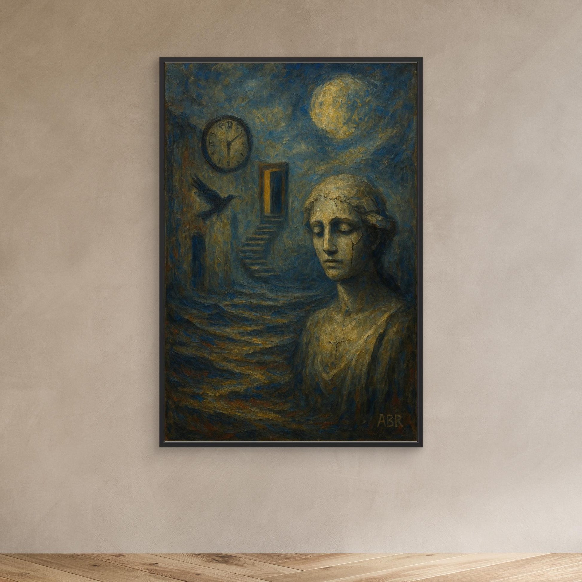 Surreal blue and gold abstract canvas wall art with cracked statue and moonlit staircase.