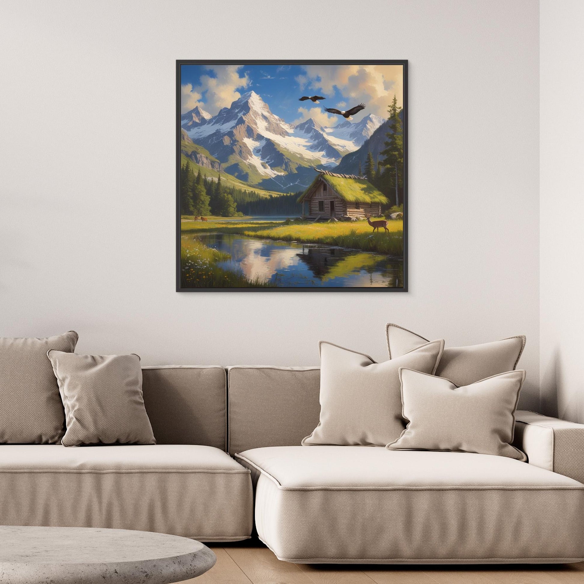 Still Waters Cabin – Mountain Landscape with Wildlife Canvas Art