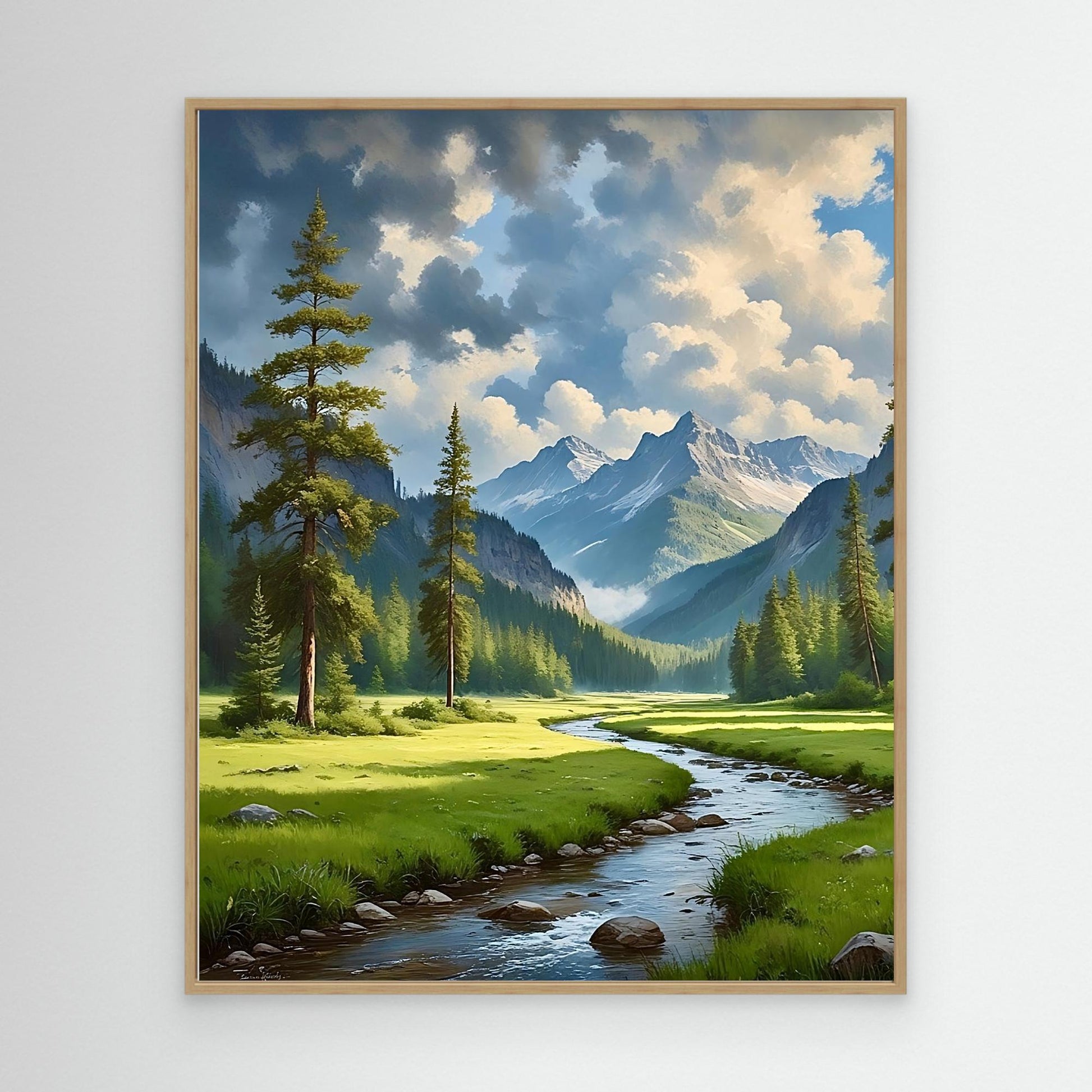 Mountain Valley Canvas Wall Art – Scenic River, Forest & Clouds Landscape Print