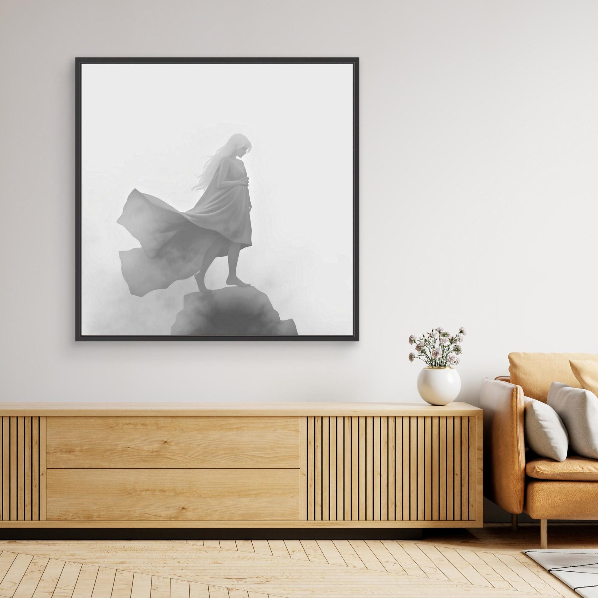 Veil of the Mist – Minimalist Black and White Canvas Wall Art of a Mysterious Woman in the Fog