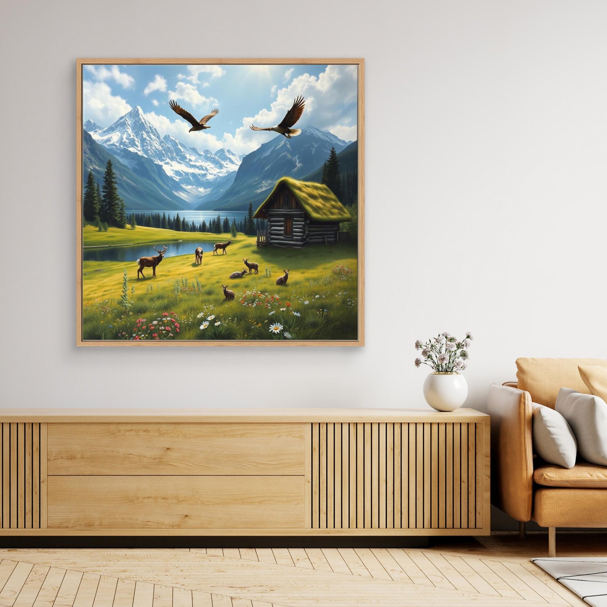 Alpine Sanctuary – Wildlife and Cabin by the Lake Canvas Art