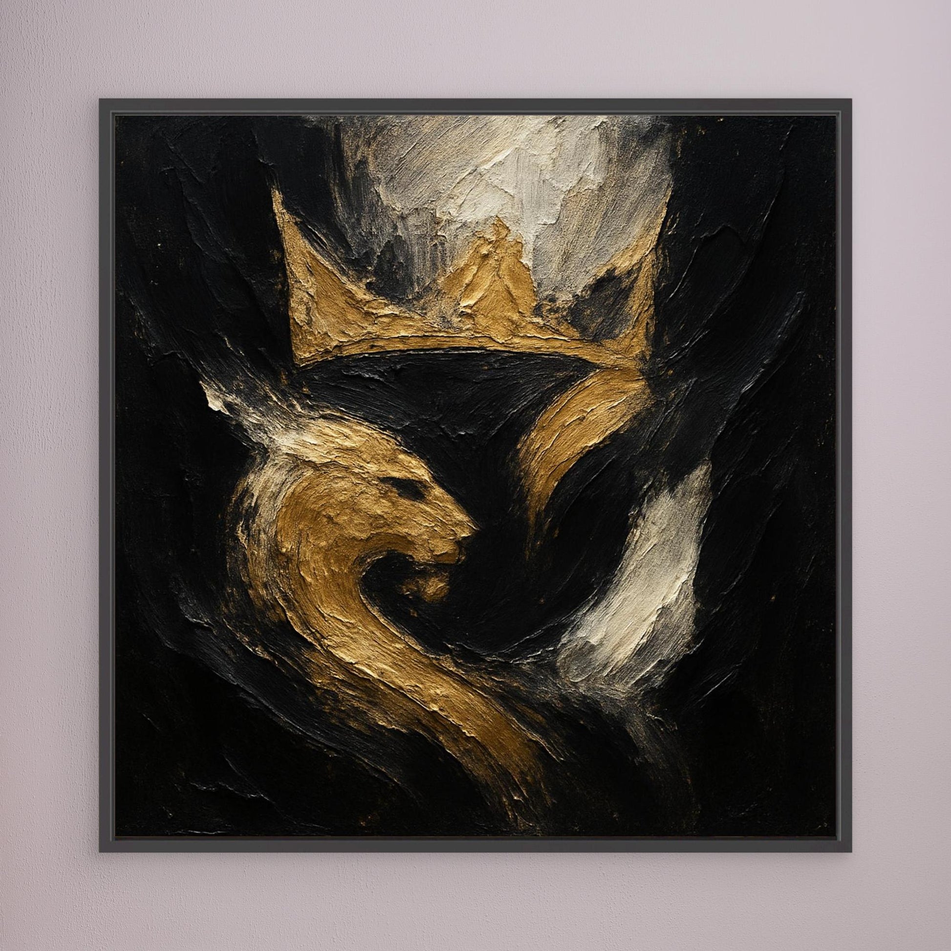 Crowned Lion Canvas Wall Art – Abstract Gold and Black Painting
