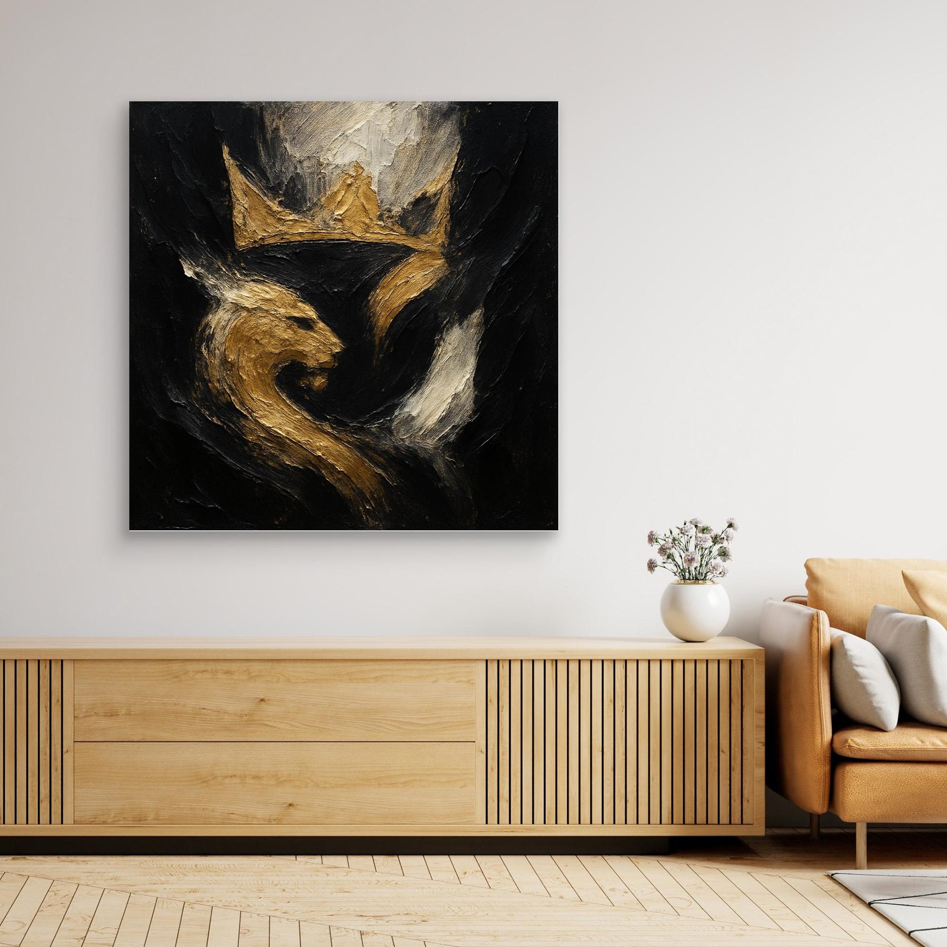 Crowned Lion Canvas Wall Art – Abstract Gold and Black Painting