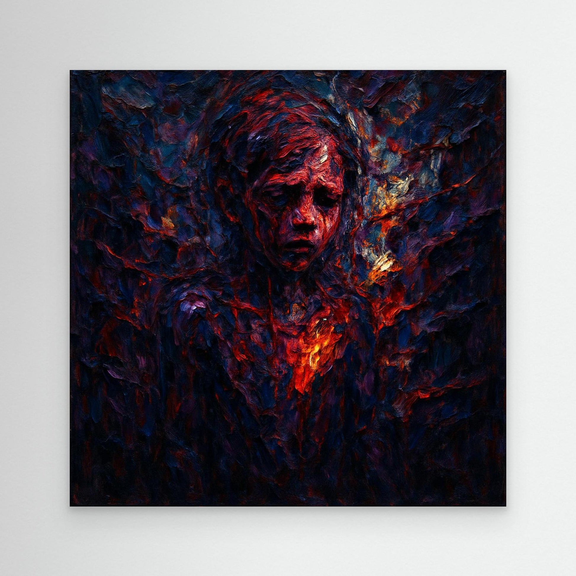 Figurative Fire Portrait – Dark Emotional Canvas Wall Art