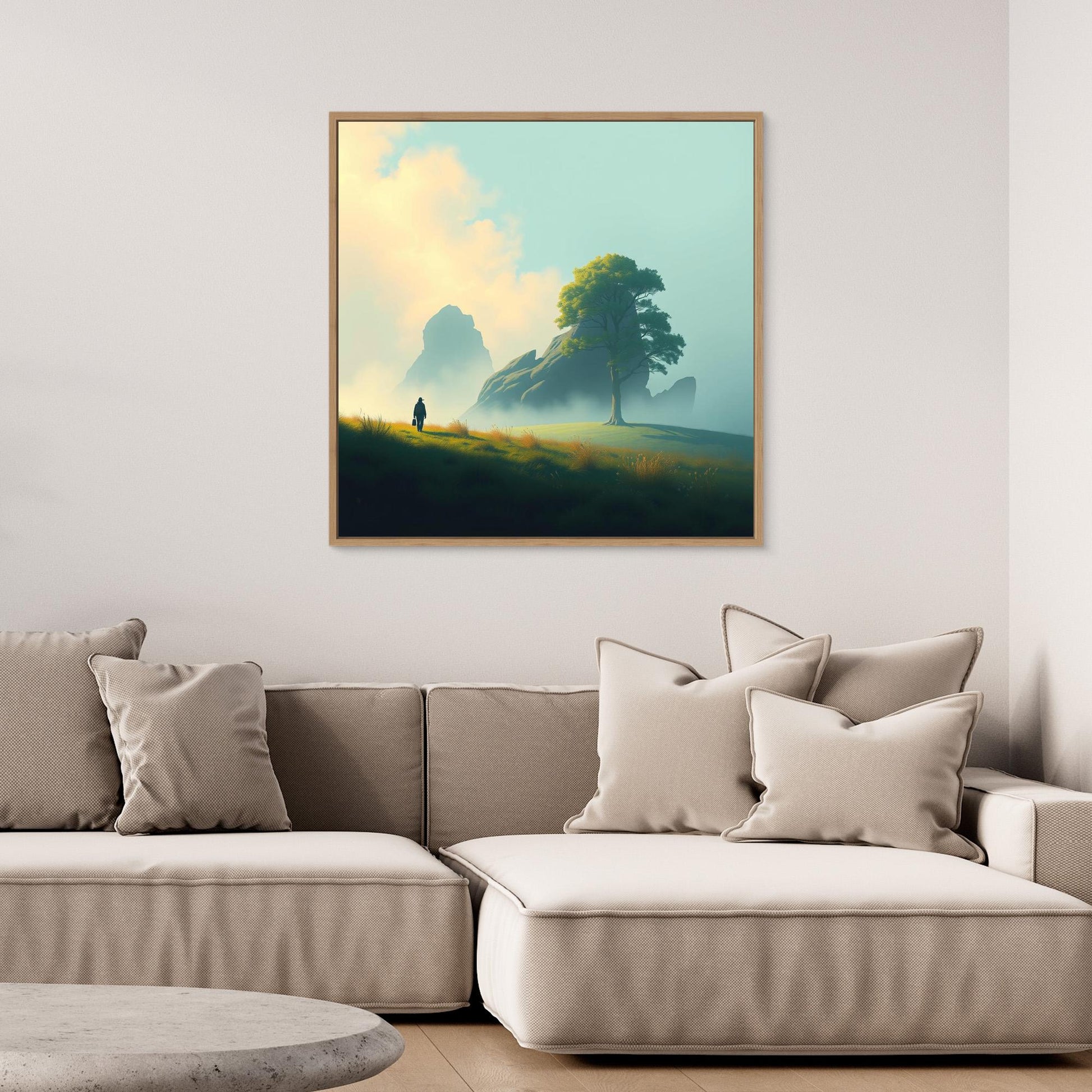 Lone Journey – Minimalist Nature Canvas Print | Serene Landscape Wall Art with Tree and Mountains
